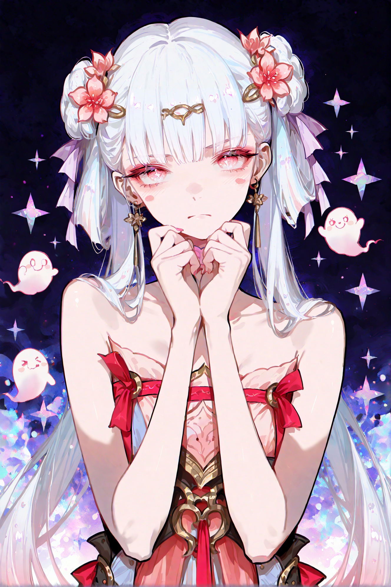masterpiece,best quality,Good quality,very aesthetic,absurdres,newest,1girl,looking_at_viewer,blush,closed_mouth,upper_body,nail_polish,star_\(symbol\),frown,blush_stickers,short_twintails,hand_on_own_face,purple_background,ghost,straight-on,badge,yin_yang,purple_theme,smiley_face,<lora:ponyv4_noob1_2_adamW-000017:0.7>,<lora:USNR_STYLE_XL_lokr:1>,<lora:jxnew-noob-Tanger-000014:0.8>,jinhsi,jinhsi \(peach blossom\) \(wuthering waves\),(clothes:peach blossom pink dress,alternate costume,bare shoulders:1.2),flower-shaped pupils,1girl,hair ornament,hair flower,twintails,bangs,jewelry,very long hair,