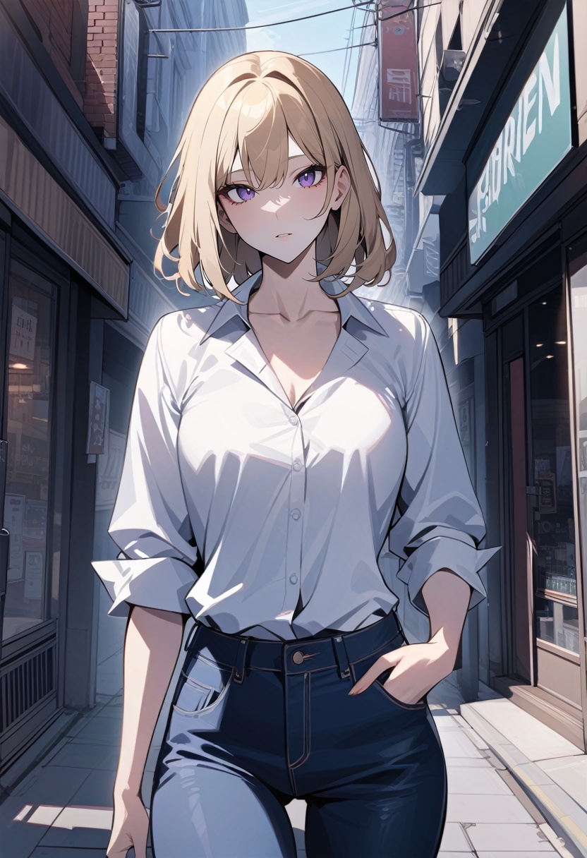 solo, 1girl, cha hae-in, expressionless, looking at viewer, blonde hair, purple eyes, white shirt, collared shirt, jeans, collarbone, city street, masterpiece, best quality, rating: general, newest <lora:sololeveling_chaehae-in_xl-05:1>