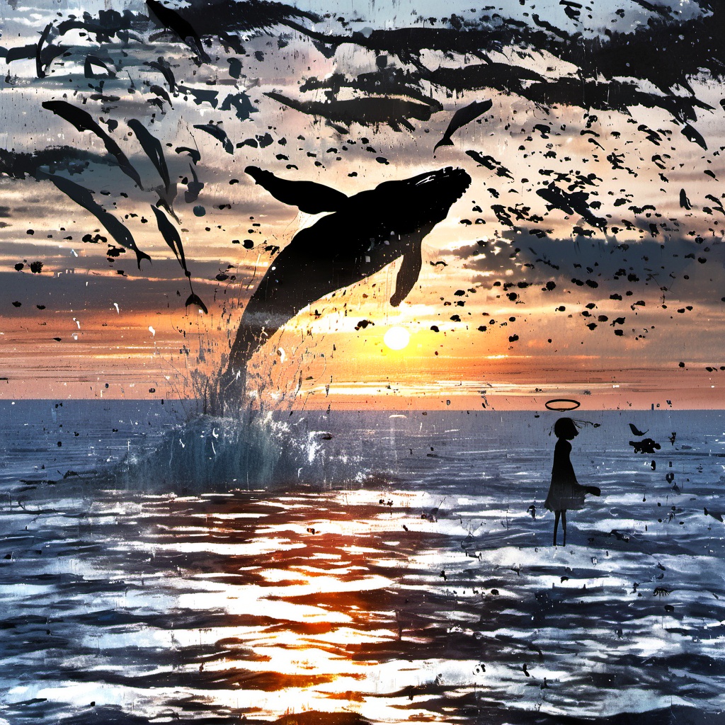 <lora:star_xl_v3:1>,whales leap out of the water,silhouette,bird,the setting sun,the silhouette of a girl,wearing a halo on the head,