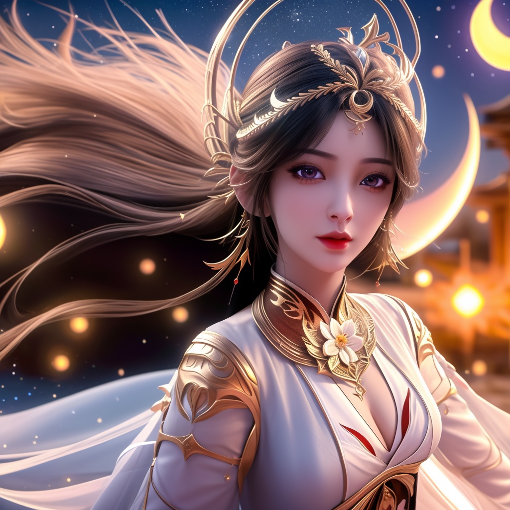 <lora:770-DA-完美世界-火灵儿-婚服:0.8>, (,1girl, ,best quality, ),looking at viewer,  ,,ultra detailed background,ultra detailed background,ultra realistic 8k cg, ,masterpiece, (( , )),, realistic,science fiction,mole, ultra realistic 8k cg, ,     ,crescent moon, jasmine \(flower\),     (cleavage),,  (),