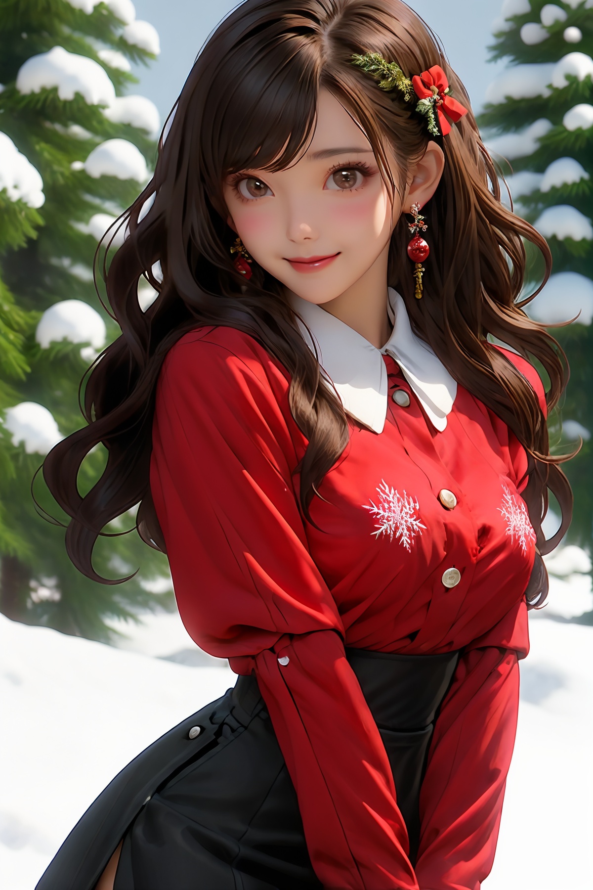 1girl, solo, long hair, skirt, brown hair, jewelry, black skirt, earrings, shirt, looking at viewer, long sleeves, side slit, brown eyes, snowing, snow, breasts, pencil skirt, bangs, closed mouth, puffy sleeves, red shirt, smile, christmas, blush, high-waist skirt, cowboy shot, v arms, bow, juliet sleeves, wavy hair, outdoors, hair bow, medium breasts, hair ornament, own hands together, lips, red bow, christmas ornaments, swept bangs, ribbon,<lora:shengdan:0.6>,normal fingers,