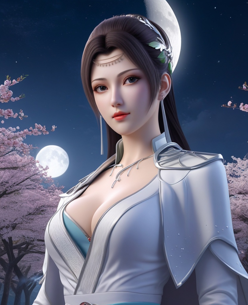 <lora:576-DA-XL-斗破苍穹-云韵-白服:0.8>(,1girl, ,best quality, ),looking at viewer,masterpiece,(( , )),, realistic,science fiction,mole,,ultra realistic 8k cg,     ,cherry blossoms,,night, night sky, crescent moon, moonlight,,(facing viewer, looking at viewer, , ),  (cleavage), (),