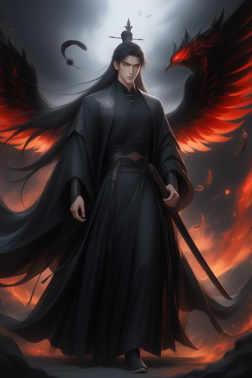 ***** man,  long black hair flowing down to his back,  silky smooth texture with subtle movement in the wind on Tensor.Art
