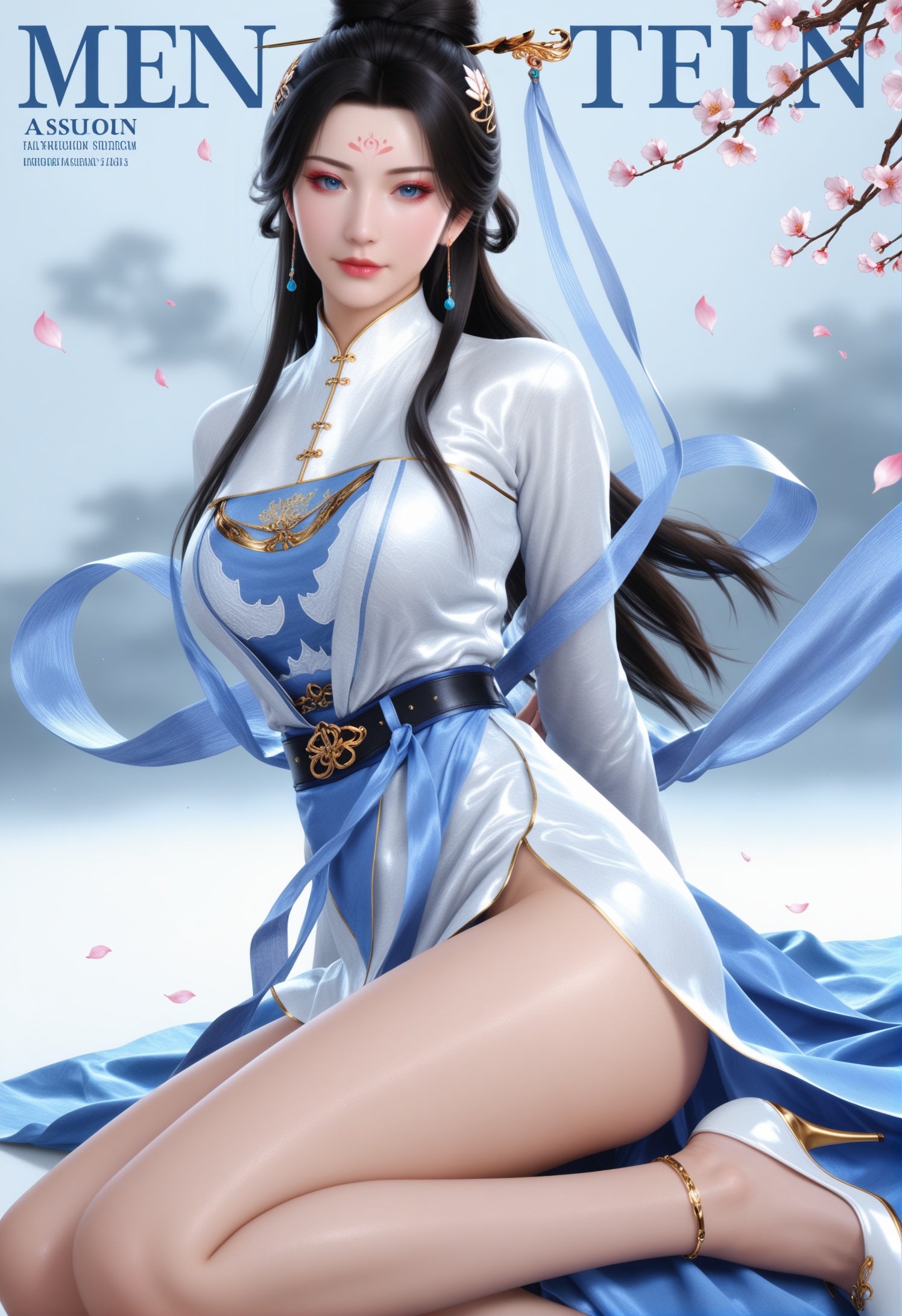 score_9,score_8_up,score_7_up,1girl,solo,advertising cover,(arms_behind_back:1.1),1girl,solo,realistic,(big breasts:0.6),dress,white dress,blue dress,chinese clothes,china dress,hanfu,white robe,ribbon,shawl,belt,high_heels,realistic,jewelry,hair ornament,hair stick,earrings,1girl,solo,realistic,(mature face:1.2),(slender face:1.1),shiny_skin,long hair,black hair,hair bun,blue eyes,forehead mark,facial mark,eyelashes,eyeshadow,closed mouth,realistic,grey_background,gradient_background,(white_background:0.9),falling petals,(depth of field:1.2),depth_of_field,(looking at viewer:1.1),<lora:小巳-明萱pony:0.85>,