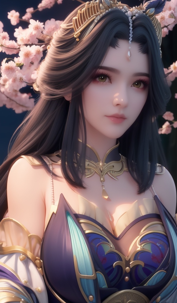 <lora:642-DA-完美世界-龙女:0.8>(,1girl, ,best quality, ),looking at viewer,masterpiece,(( , )),, realistic,science fiction,mole,,ultra realistic 8k cg,     ,cherry blossoms,,night, night sky, crescent moon, moonlight,,(facing viewer, looking at viewer, , ),  (cleavage), (),
