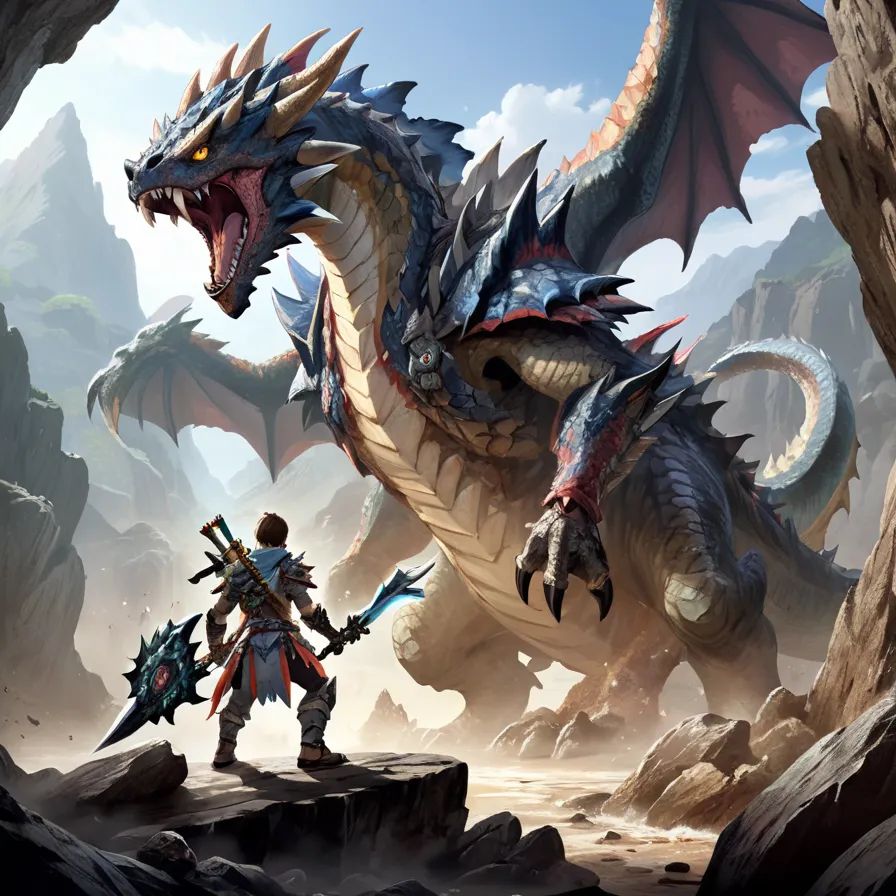 Illustration of a fierce and determined Monster Hunter wielding a colossal sword,  wearing intricately designed armor ador...