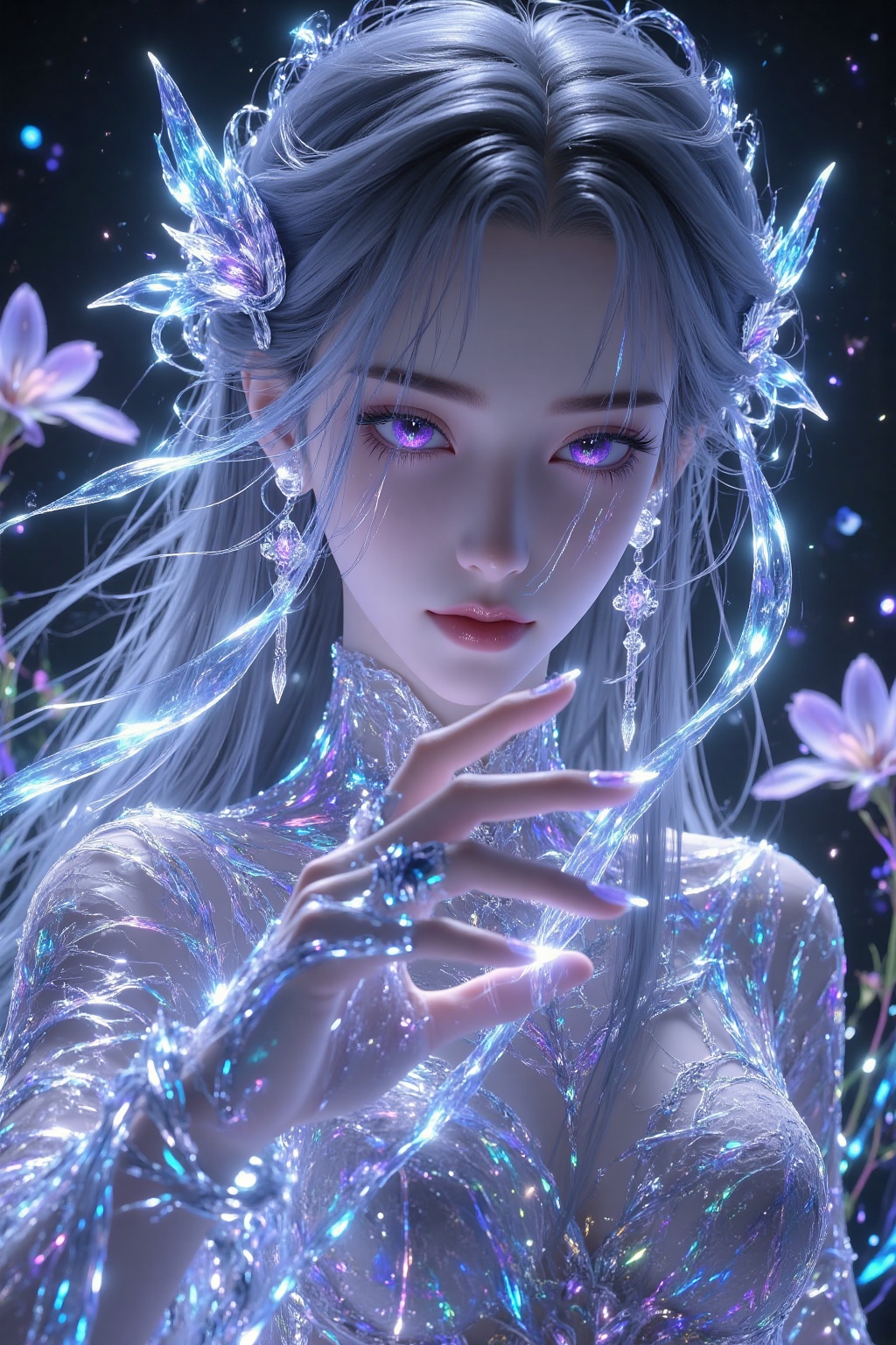 CGI,Ethereal portrait of a silver-haired sorceress,luminescent chiffon veil floating around her face. Neon-purple eyes emitting soft particle glow,catching volumetric light rays. Iridescent lace dress woven with liquid-metal rings,dynamic cloth simulation. Hero pose with ring-clad left hand foregrounded,glowing fingertip creating lens flare effect. Mystical depth-of-field with bioluminescent background flora..cg,