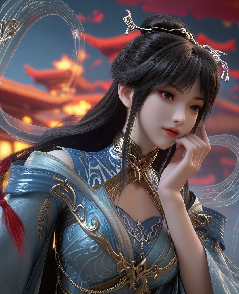 (chin in hand:1.1),(large breasts:1.2),<lora:XL16云深不知梦云珞璇:0.95>,miss yunluoxuan,blue gray chinese clothes,black eyes,black hair,long hair,hair ornament,hair bun,hagoromo,jewelry,wide sleeves,red lips,, score_9,score_8_up,score_7_up,score_6_up,score_5_up,score_4_up,3d rendering,tag1,tag2, Cinematic Lighting,backlighting,