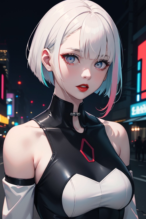 masterpiece,best quality,lucy \(cyberpunk\),bob cut,short hair,asymmetrical hair,multicolored hair,1girl,solo,pale skin,red lips,detached sleeves,beautiful eyes,upper body,outdoors,looking at viewer,official art,professional illustration,amazing,<lora:lbc_lucy240408_v1.0>,