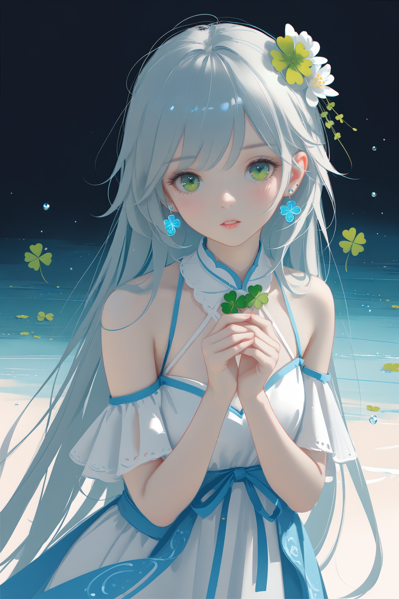 masterpiece,best quality,high quality,(colorful),[Artist sk (askzy)],[Artist wlop],Artist SHC,1girl,Luo Tianyi (Vocaloid),clover,solo,long hair,green eyes,four-leaf clover,dress,flower,own hands together,looking at viewer,water,hair ornament,parted lips,very long hair,bangs,earrings,white background,jewelry,bare shoulders,upper body,white dress,hair flower,ribbon,simple background,hands up,blush,