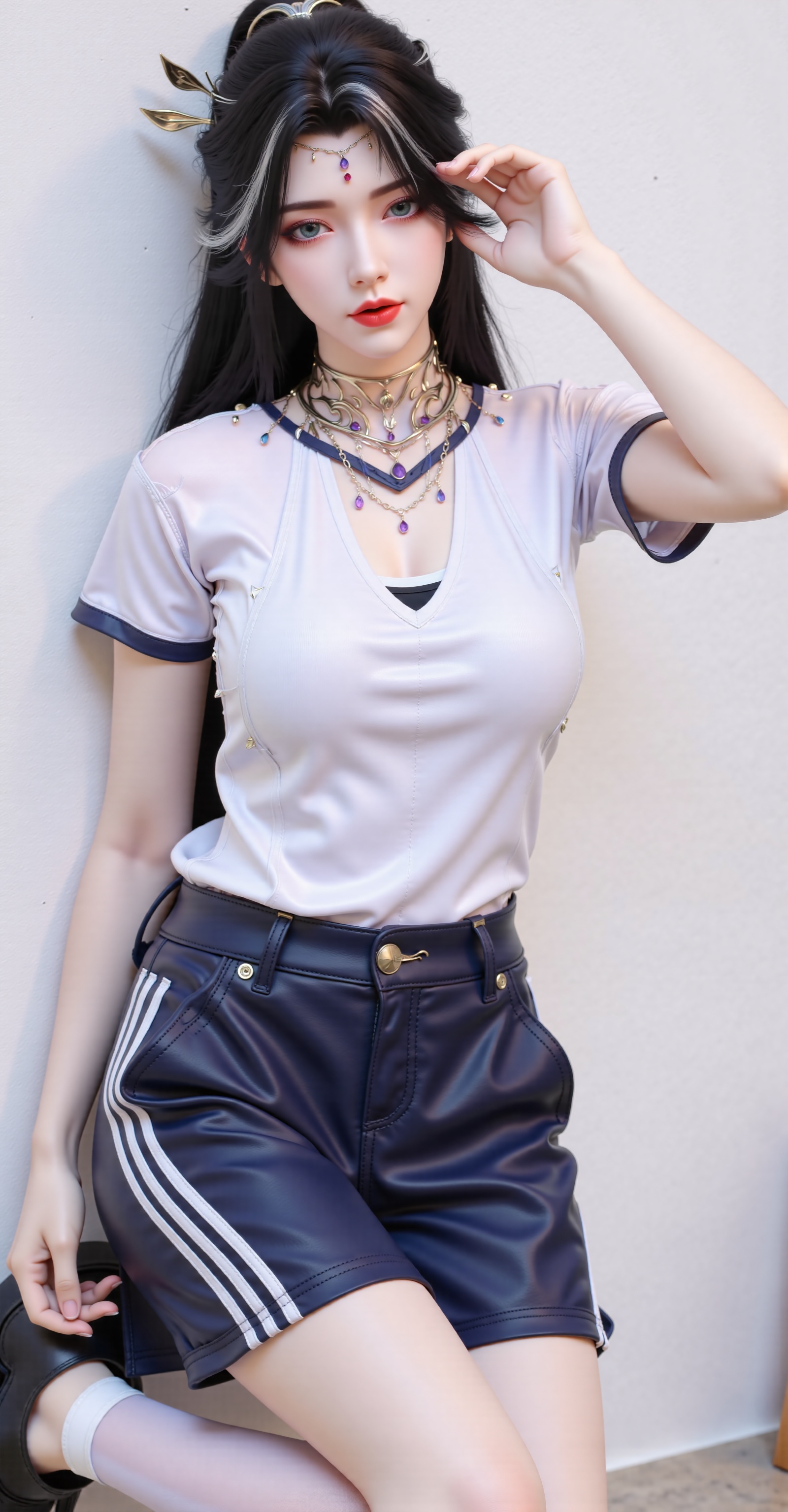 monv,A young woman with long hair and a high ponytail is wearing a white short sleeved T-shirt with dark blue edges on the collar and cuffs. She paired a pair of dark blue shorts with two white stripes on the side. She was wearing white stockings and black thick soled shoes. Her long hair was draped over her shoulders,with one hand on her knee and the other on her head. The background is a white wall.,