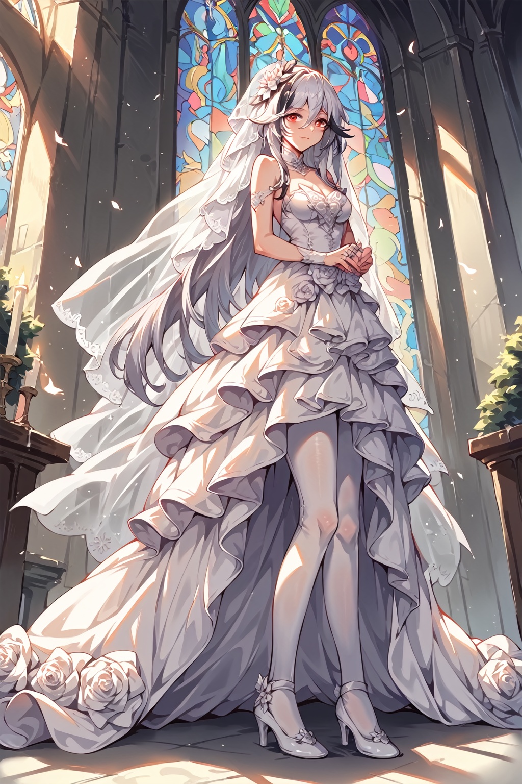 score_9, score_8_up, score_7_up,solo, 1girl, Fu Hua(CoT), hair accessory, long hair, hair between eyes, wedding dress, reach out, wedding ring, white pantyhose, white high heels, church, <lora:CoT_v1.3_PONY:0.85>,