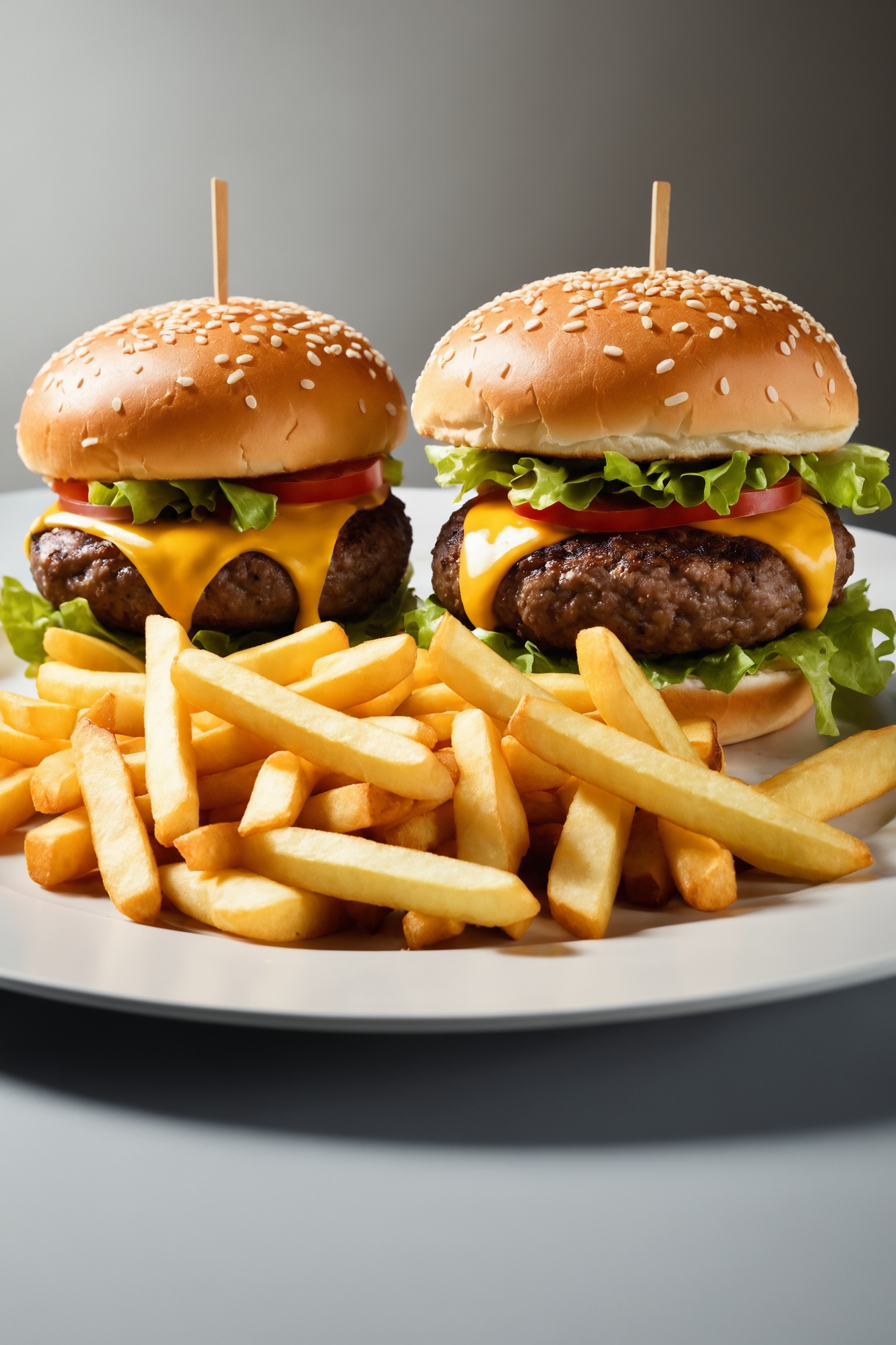 masterpiece,  centered,  two tiny burgers and a bunch of french fries on Tensor.Art