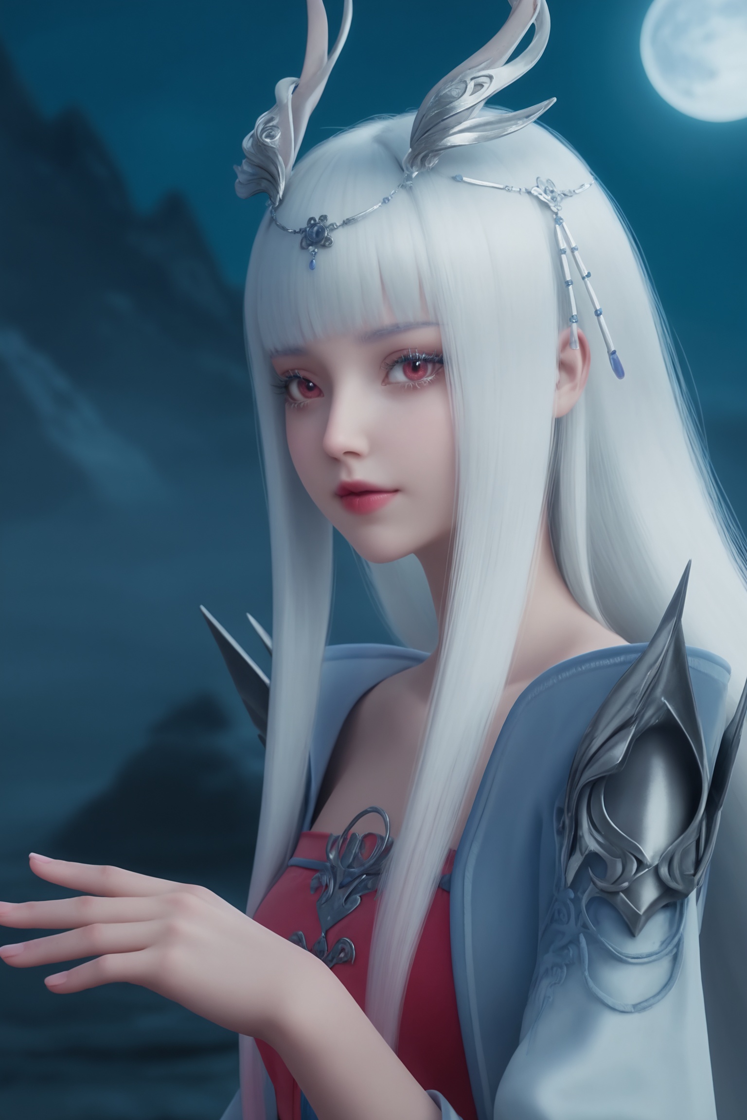 1girl,solo,shiny,shiny_hair,upper_body,fair_skin,white_skin,shiny_skin,shiny,Ivory_skin,looking at viewer,cinematic lighting,volumetric lighting,solo focus,blurry background,depth of field,night,sky,night sky,full moon,moonlight,<lora:梦幻诛仙-忘川双姝-白发女妖ILL:0.65>,long,flowing silver hair,silver hair ornaments. A pair of antlers,flowing,white robe,silver embellishments,red dress,