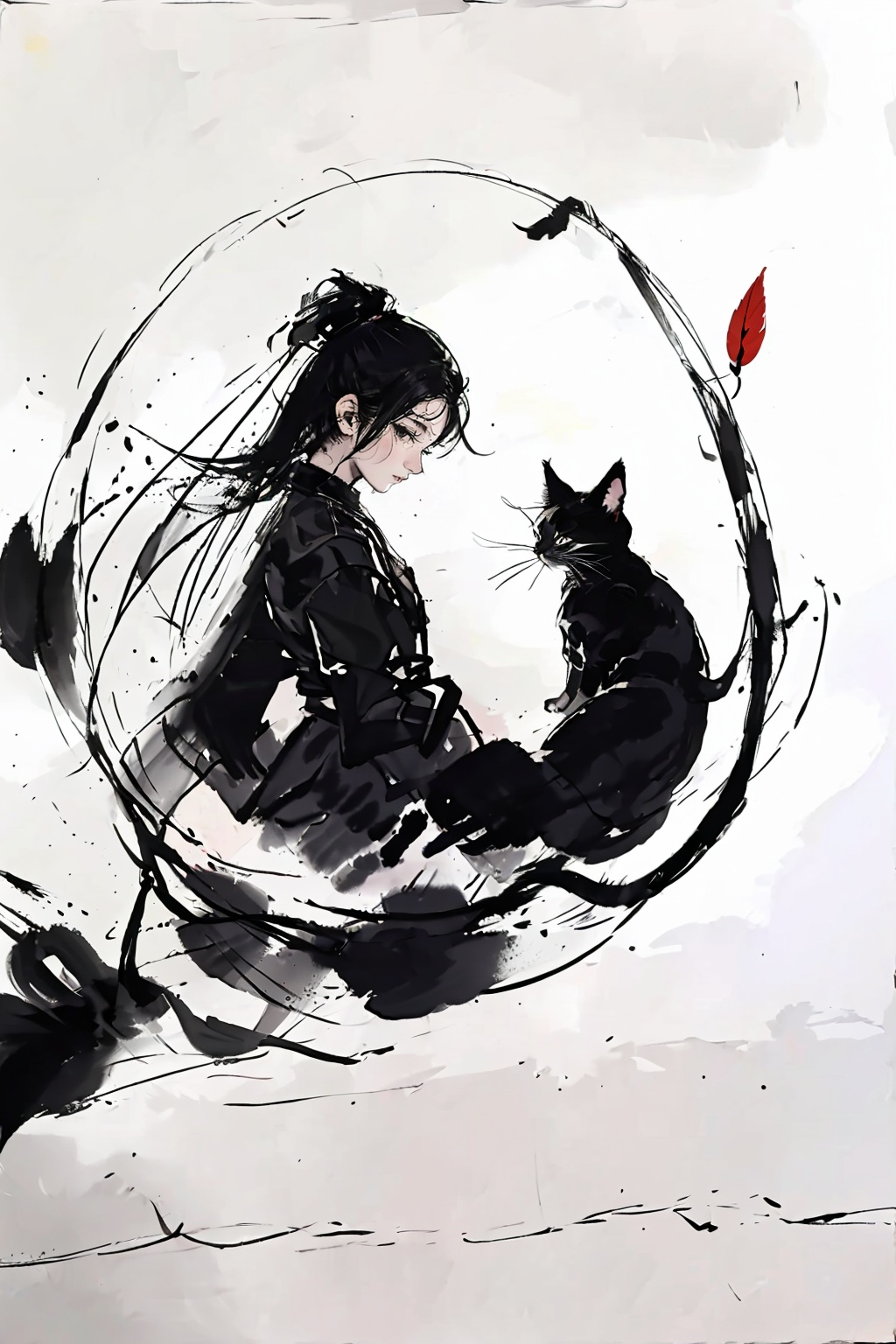 1girl,cat,white cat,(black and white:1.3),solo,(ink and wash style:1.2),looking at viewer,long hair,black eyes,leaf,<lora:BlackStocking:0.4>,<lora:水墨游戏立绘:0.4>,<lora:hjyinkstyle2-:0.8>,