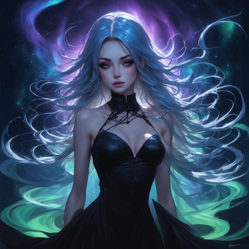 a female character with long,  flowing hair that appears to be made of ethereal,  swirling patterns resembling the Norther...