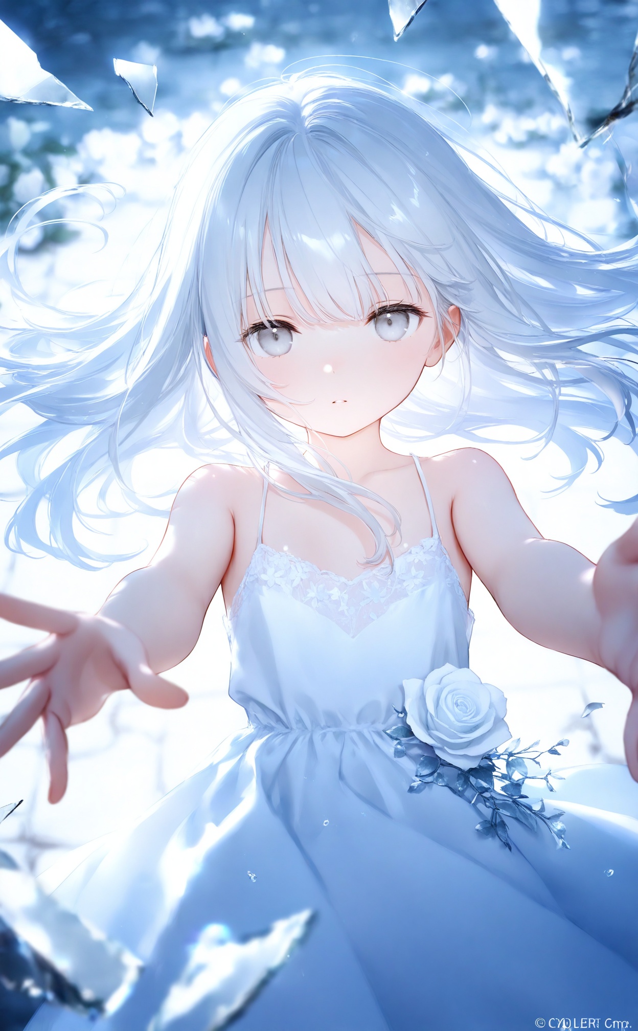 masterpiece,best quality,high quality,loli,chromatic_aberration,//,1girl,solo,long hair,dress,looking at viewer,white eyes,glass,white dress,grey eyes,white hair,flower,broken glass,white theme,dress flower,blue theme,bare shoulders,glass shards,white flower,reaching,reaching towards viewer,water,parted lips,closed mouth,sleeveless,reflection,sleeveless dress,white rose,watermark,expressionless,//,year_2023,year_2024,//,official art,depth of field,detailed light,blurry background,cinematic lighting,ray tracing,ultra detailed,god rays,backlighting,photo background,film grain,chromatic aberration,volumetric lighting,depth of field,blurry background,shiny skin,floating hair,cinematic lighting,day,very aesthetic,