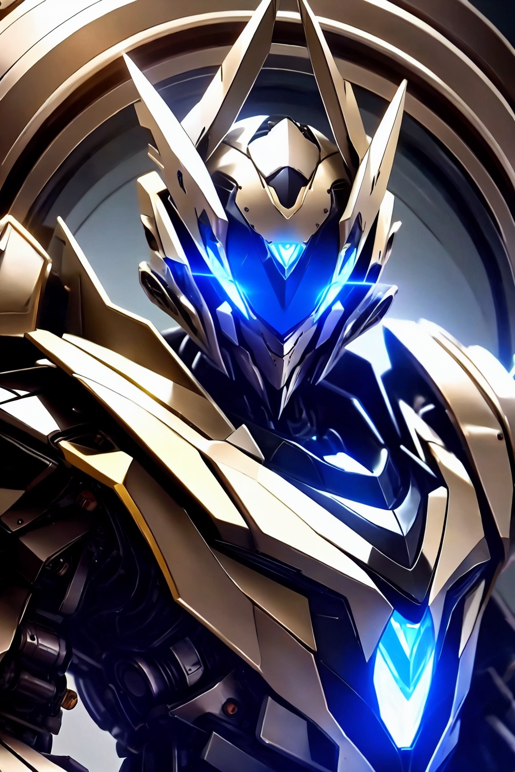 solo,cloak,upper body,lispict,reflection,glowing blue eyes,helmet,white mecha,the aperture behind it,, masterpiece, best quality,