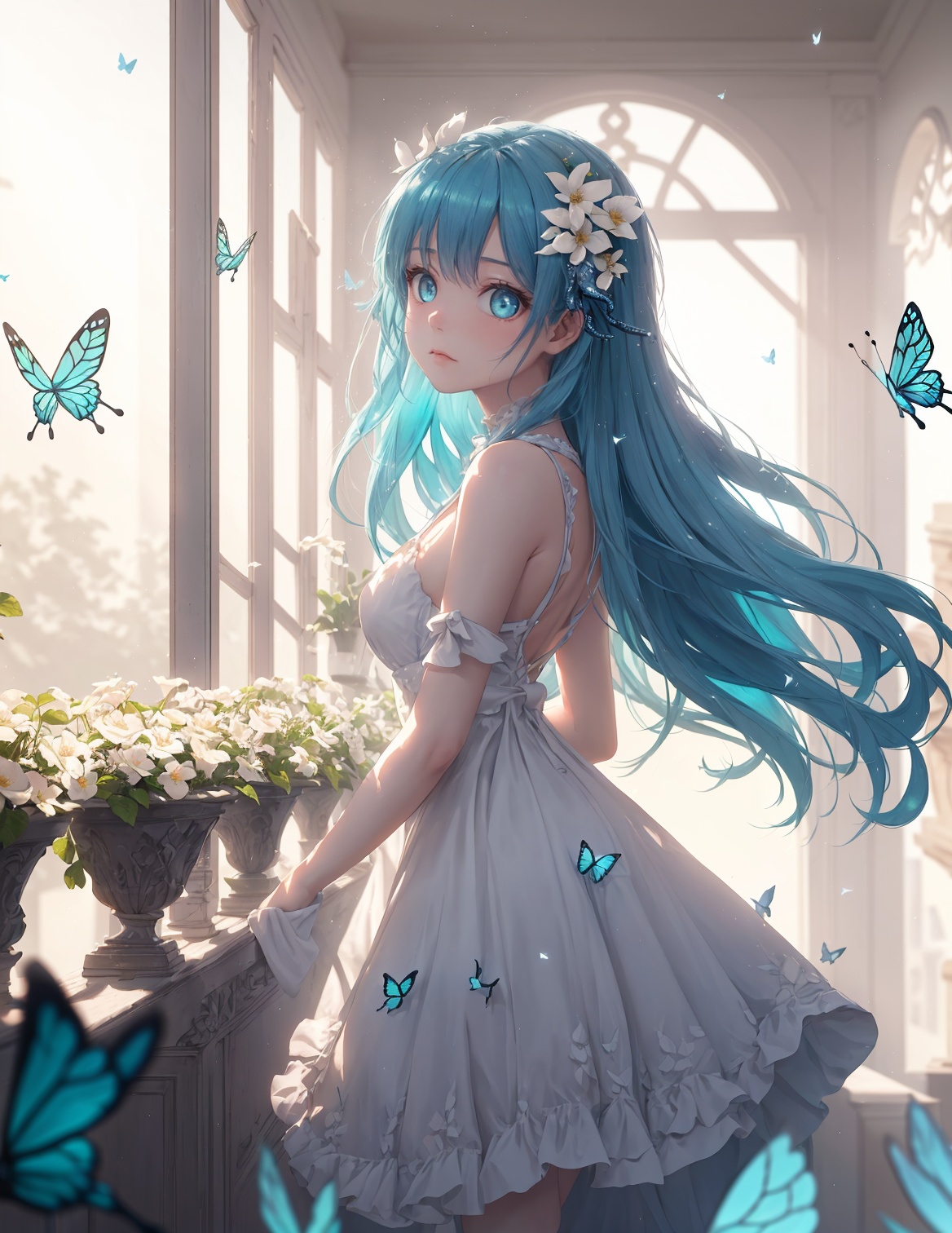 wide shot,(depth of field),global illumination,soft shadows,grand scene,backlight,lens flare,((colorful refraction)),((cinematic lighting)),in the market,from side,looking outside,with butterfly,1girl with lightblue long hair and blue aqua eyes,hair flowers,hime cut,sunlight,blurry background,blurry,White Dress,