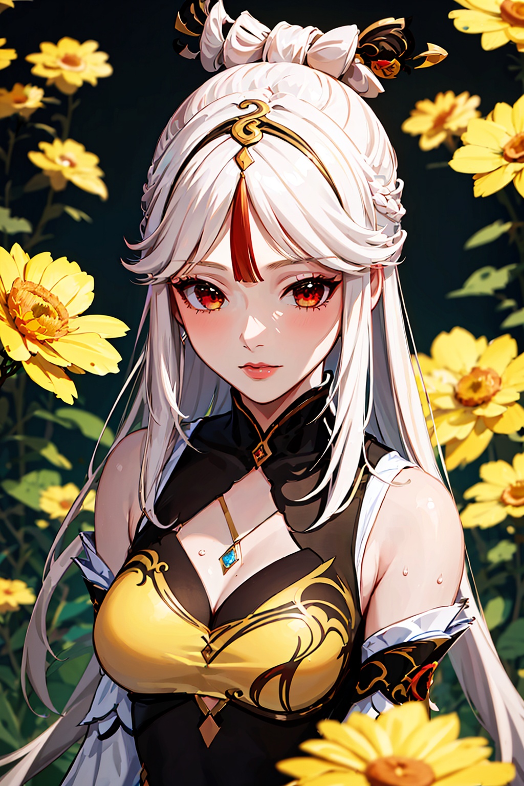 1girl,ningguang,(genshin impact),solo,hair ornament,red eyes,white hair,looking at viewer,cleavage,bare shoulders,upper body,flower,parted bangs,detached sleeves,jewelry,tassel hair ornament,lips,sidelocks,medium breasts,chinese clothes,yellow flower,china dress,closed mouth,<lora:ningguang-000004:1>,