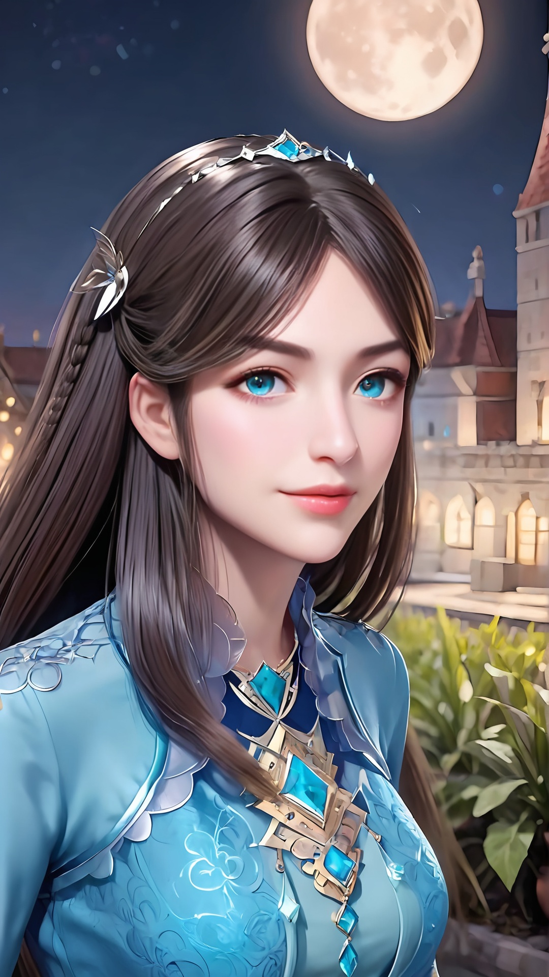 The image is a portrait of a young woman with long dark hair and a crown on her head. She is wearing a dark blue dress with gold accents and a necklace with a blue stone pendant. The dress has a high neckline and long sleeves. The woman is standing in front of a cityscape with buildings and a full moon in the background. She has a serious expression on her face and is looking directly at the camera. The overall mood of the image is dark and mysterious.,<lora:pony曹颖:0.8>,