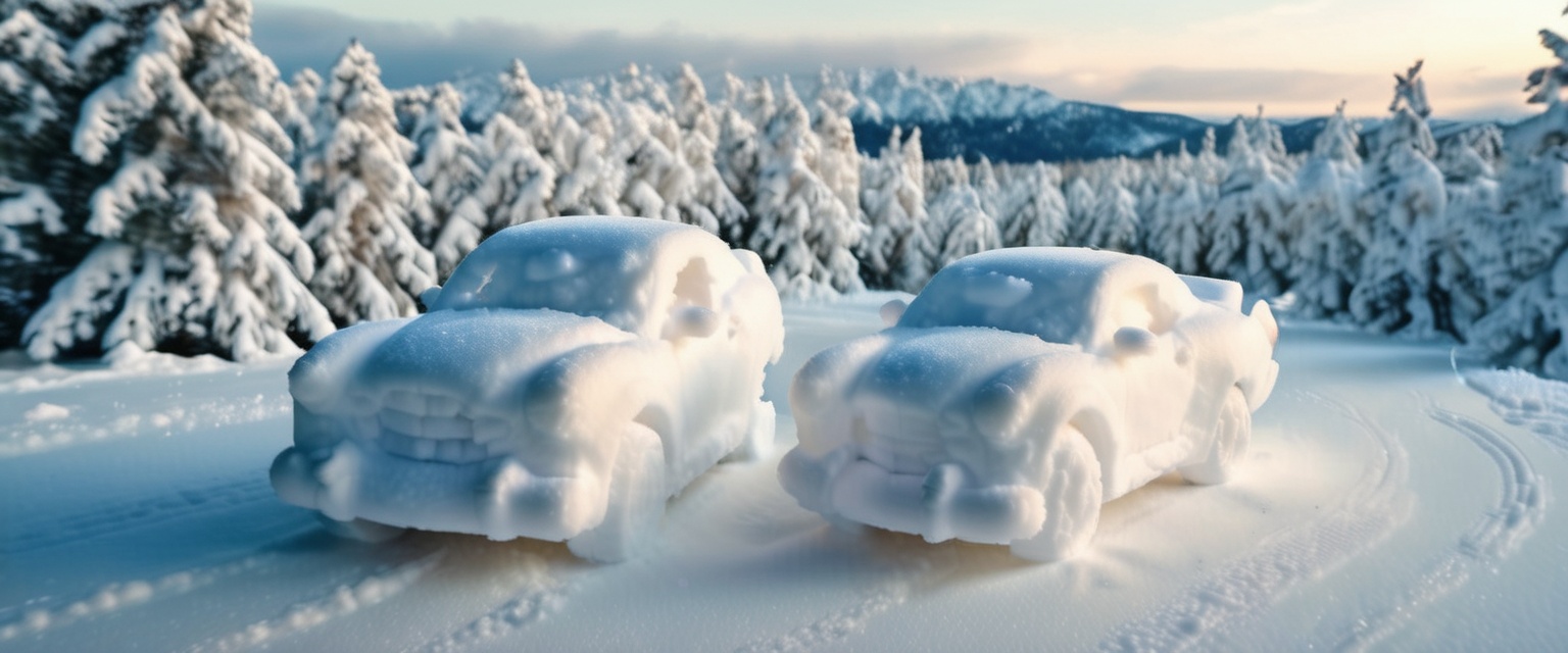 a car made of snow,  driving in the mountains,  birds eye view on Tensor.Art