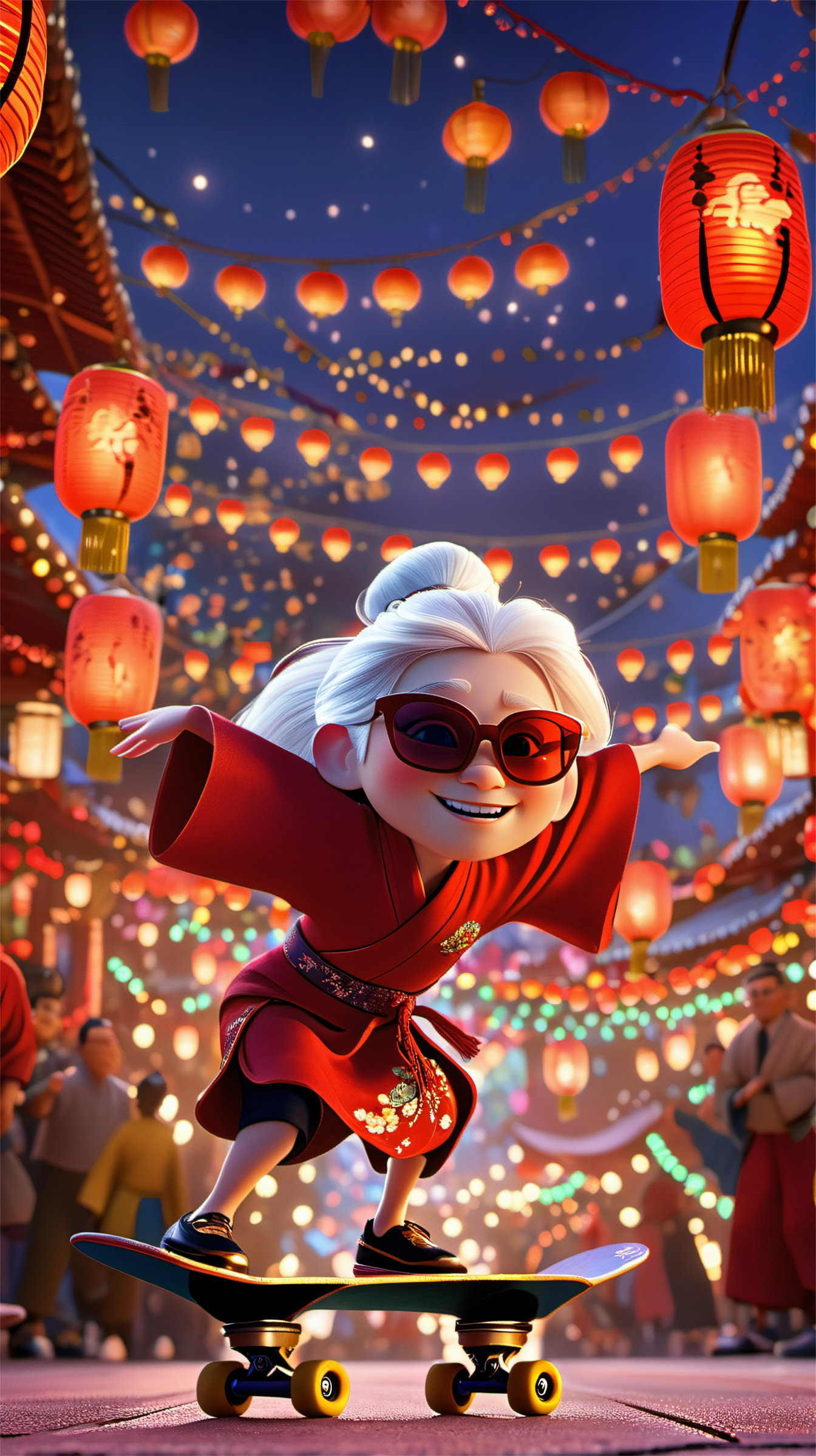 Dream style,solo,An animated character with white hair,wearing a red kimono and sunglasses,is skillfully skateboarding amidst a backdrop of glowing lanterns and festive lights.,highly detailed,ultra-high resolutions,32K UHD,best quality,masterpiece,<lora:Dream style:0.9>,