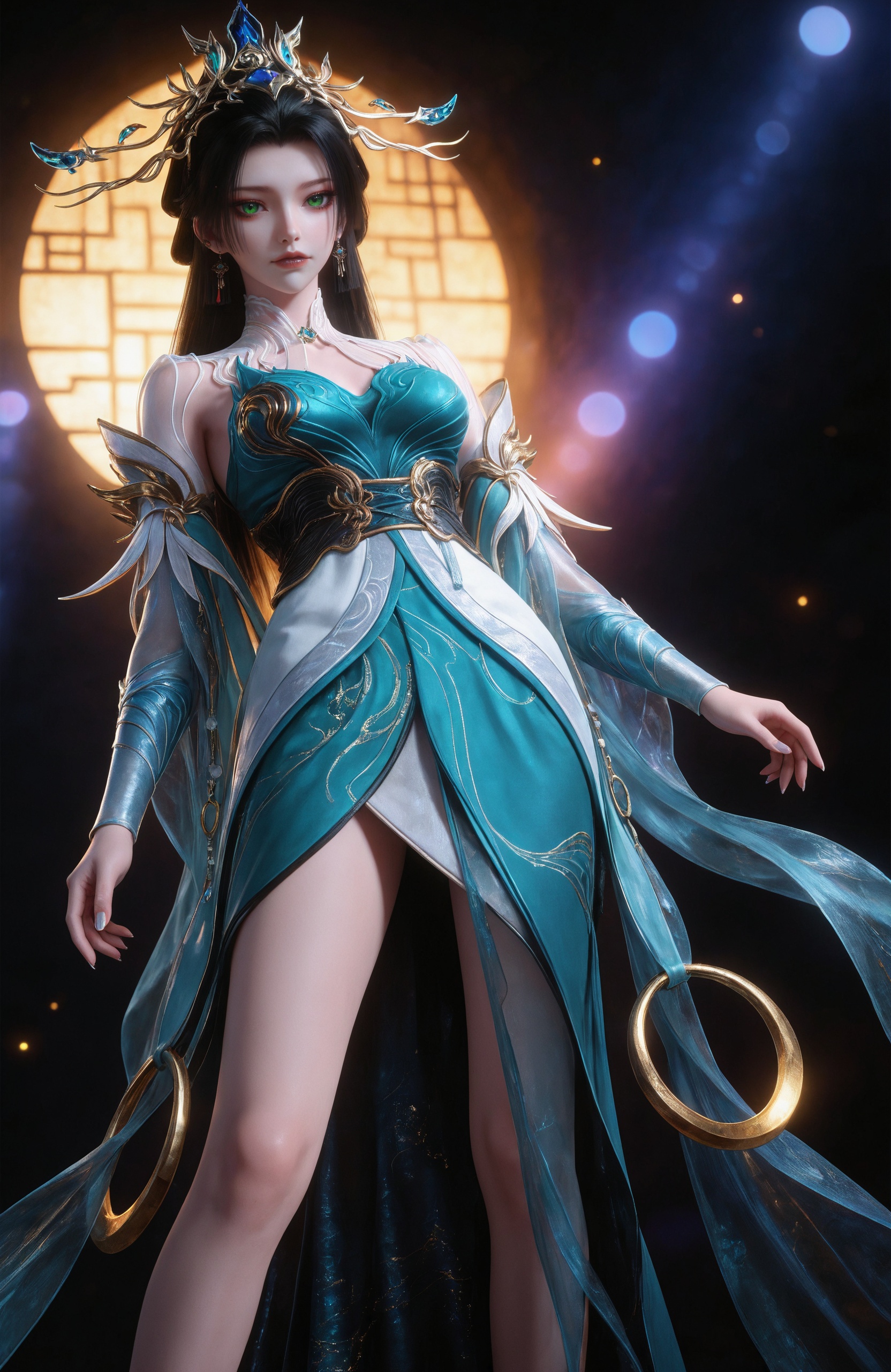 <lora:百炼成神3-青萝IL:0.7> 1girl, long hair, black hair, green eyes, earrings, hair ornament, jewelry, chinese clothes, bare legs,long legs, detached sleeves, high heels, blue dress, realistic style photo,outstanding style,Use soft lighting to cast gentle shadows on the subject,adding a touch of dimension to your images without compromising details,whirls of vapor,(Anime:1.1),soft neon light,ethereal ambiance,delicate details,magical atmosphere,concept art,highly detailed,ultra-high resolution,32K UHD,sharp focus,best-quality,masterpiece,golden hour,unconventional supreme masterpiece,masterful details,temperate atmosphere,with a high-end texture,in the style of fashion photography,magazine style,Dynamic Angle,Dynamic posture,magazine style,Dynamic Angle,Dynamic posture,(cowboy_shot:1.2),eye trail,depth of field,cinematic lighting,lens flare,close-up,extreme aesthetic,(wlop:0.6),(honjou raita,lack,rella,wanke:0.5),masterpiece,best quality,good quality,newest,year 2025,very aesthetic,absurdres,Visual impact,A shot with tension,ultra-high resolution,32K UHD,sharp focus,best-quality,masterpiece,Emotionalization,unconventional supreme masterpiece,masterful details,temperate atmosphere,with a high-end texture,in the style of fashion photography,(Visual impact:1.2),giving the poster a dynamic and visually striking appearance,, realistic style,white background,upper body,looking at viewer,dynamic posture,