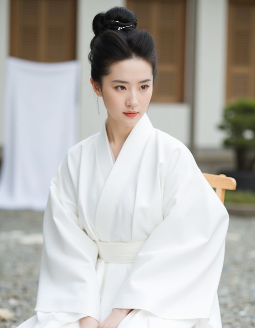 The image depicts a person dressed in a traditional white garment,  possibly a hanfu,  sitting on a wooden chair. The pers...