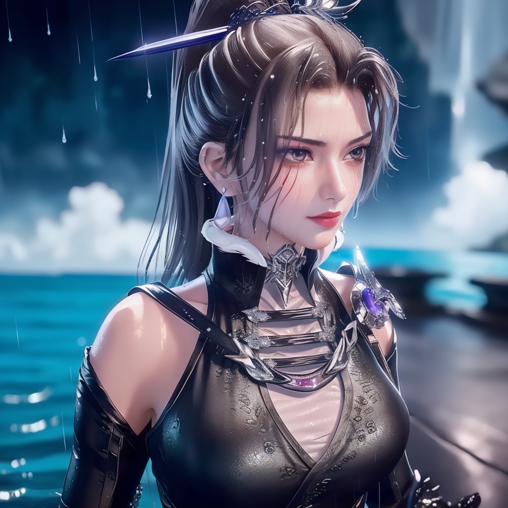 <lora:万界至尊-李雪衣-皮衣:0.8>, (,1girl, ,best quality, ),looking at viewer, ,ultra detailed 8k cg,   ,masterpiece((((1girl, solo,  , ,solo focus, wet,sweat, ocean,rain, water drop, )))) (, , sweatdrop, flying sweatdrops, sweating profusely,colorful drop \(module\), )   clean, masterpiece,     cinematic lighting, cinematic bloom,   , unreal, science fiction, luxury, jewelry, diamond, gold, pearl, gem, sapphire, ruby, emerald, intricate detail, delicate pattern, charming, alluring, seductive, erotic, enchanting, hair ornament, necklace, earrings, bracelet, armlet,halo,