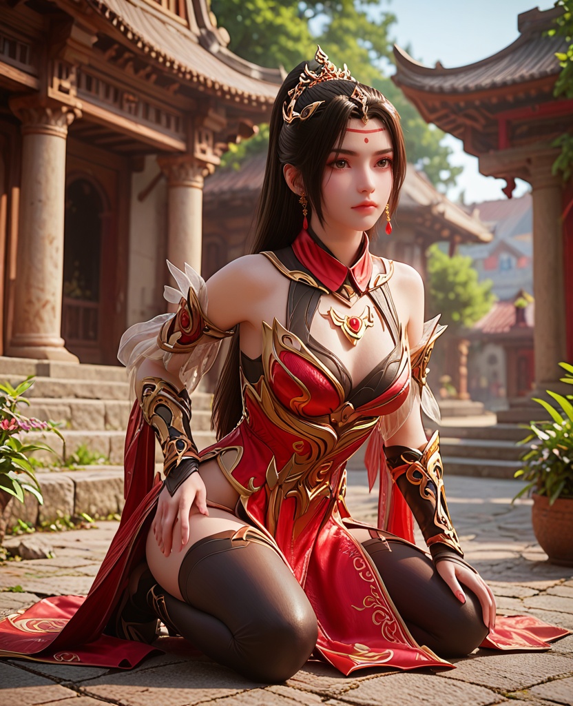 (oriental architecture, elegant decor, sophisticated style:1.1),Kneeling with one knee on the ground, head tilted,,(breasts:1.2),<lora:XL完美世界火烁:0.8>,miss huoshuo,solo,red dress with black lining underneath,bare shoulders,vambraces,armored gloves,greave,brown eyes,forehead mark,black hair,half tied ponytai,earrings,jewelry,leather pants,clothing cutout,, zPDXL2, score_9, score_8_up, score_7_up BREAK realistic, masterpiece,best quality, highly detailed,, zPDXL3, zPDXL2,zPDXL, zPDXLxxx, zPDXLrl,