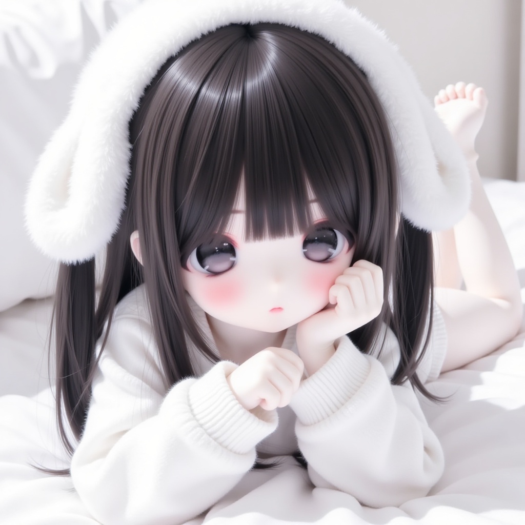 This digital illustration features a young girl with a delicate and innocent appearance, lying on her stomach on a bed. She has long, straight black hair with bangs, and her hair is adorned with white, fluffy bunny ears. Her large, expressive eyes are a deep gray, and her cheeks are subtly blushed with a soft pink tone. She is resting her chin on her right hand, which is positioned in front of her face, while her left arm is laid out flat on the bed. She is wearing a white, long-sleeved top that contrasts with her dark hair and the pink blush on her cheeks. The bed she is lying on has white sheets, and the background is softly blurred, focusing attention on the girl. The overall color palette is soft and pastel, contributing to the gentle and serene mood of the image. The illustration style is highly detailed and realistic, with a focus on the character's delicate features and soft textures. The lighting is gentle, with no harsh shadows, enhancing the soft and innocent aesthetic of the character.