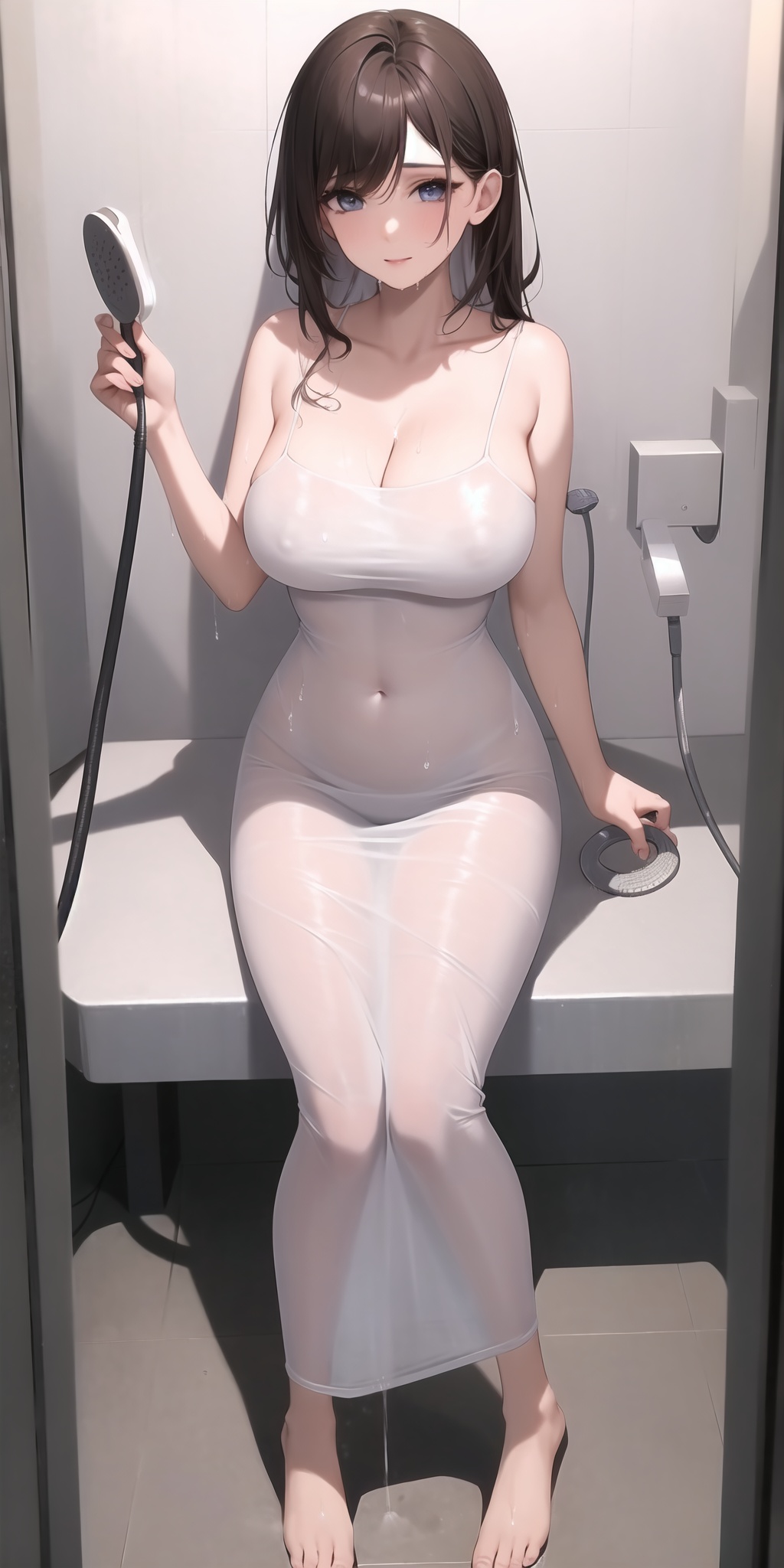 1girl,solo,perfect face,look at viewer,sitting,shower head,hand on own chest,large breasts,cleavage,covered nipples,spaghetti strap,white dress,see-through,see-through silhouette,covered navel,barefoot,showering,shower head,water,wet clothes,wet dress,bathroom,masterpiece,best quality,highly detailed,