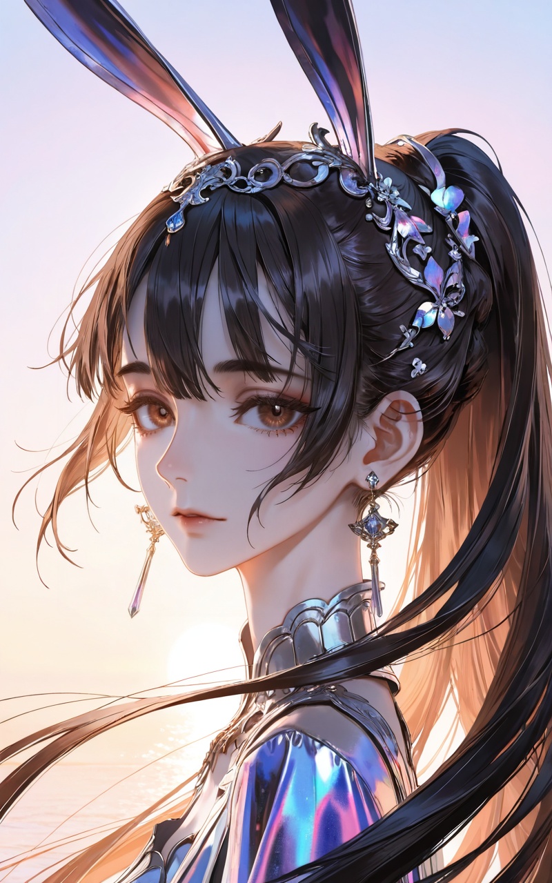 <lora:小舞ill-0.0793:0.6>,xiaowu,1girl,solo,hair ornament,long hair,looking at viewer,rabbit ear headwear,ponytail,brown hair,brown eyes,black hair,jewelry,earrings,portrait,close-up details,outstanding style,adding a touch of dimension to your images without compromising details,whirls of vapor,iridescent textures,(Anime:1.1),ethereal ambiance,delicate details,magical high-concept,32K UHD,sharp focus,best-quality,masterpiece,golden hour,unconventional supreme masterpiece,masterful details,temperate atmosphere,with a high-end texture,in the style of fashion photography,photography,cover,dynamic angle,dynamic posture,(artist:quasarcake:0.8),extreme aesthetic,(wlop:0.6),(honjou raita, lack, rella:0.5, wanke),masterpiece,best quality,good quality,very aesthetic,absurdres,visual impact,a shot with tension,ultra-high resolution,32K UHD,sharp focus,best-quality,masterpiece,emotionalization,unconventional supreme masterpiece,masterful details,temperate atmosphere,with a high-end texture,in the style of fashion photography,(visual impact:1.2),giving the poster a dynamic and visually striking appearance,impactful picture,official art,colorful,splash of color,movie perspective,masterpiece,best quality,amazing quality,very aesthetic,absurdres,best quality,newest,