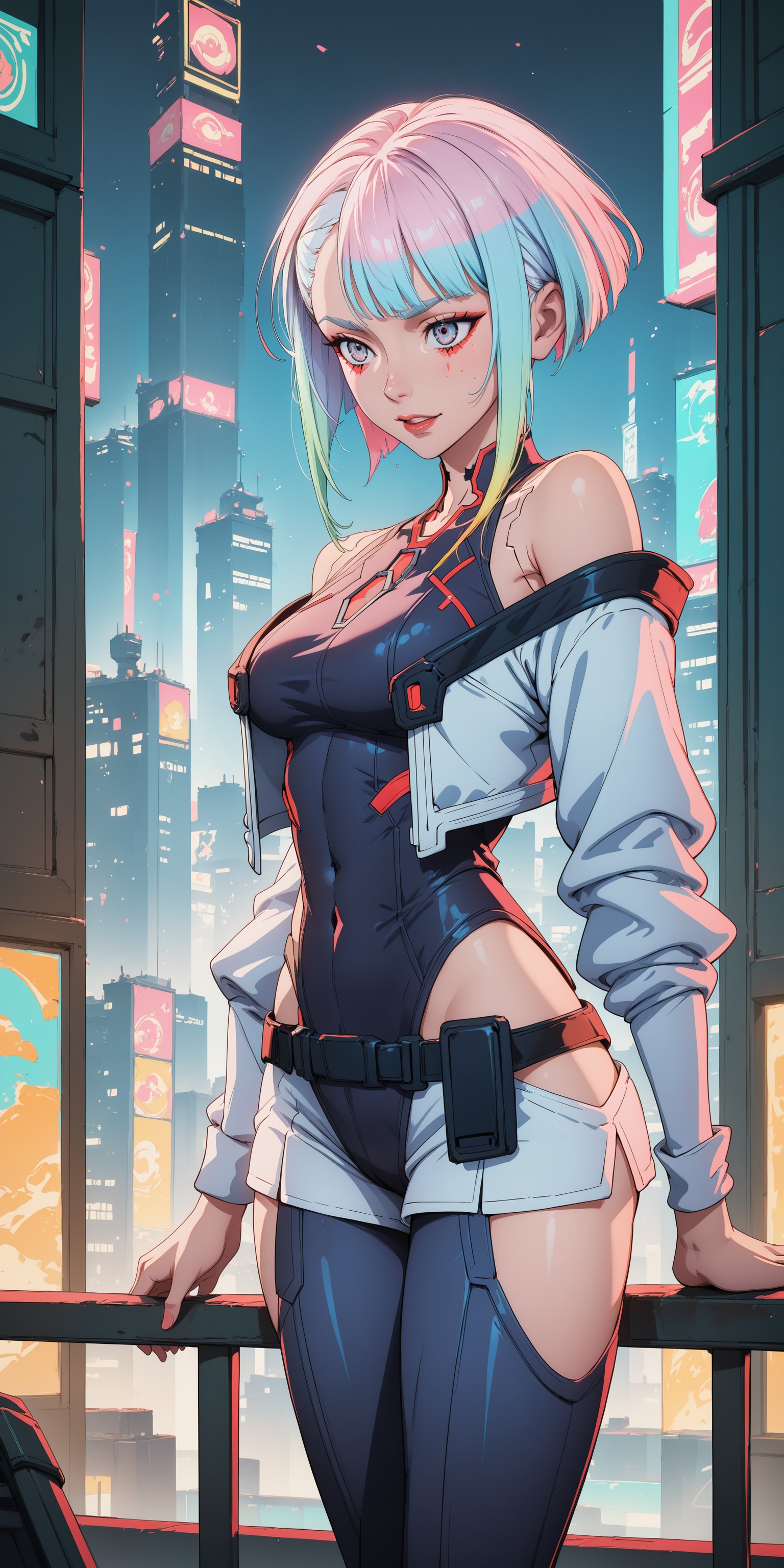 year 2024,.,.,general,.,.,1girl,cowboy shot,cityscape,lucy \(cyberpunk\),cybernetics,, very awa, masterpiece, best quality, highres, absurdres,