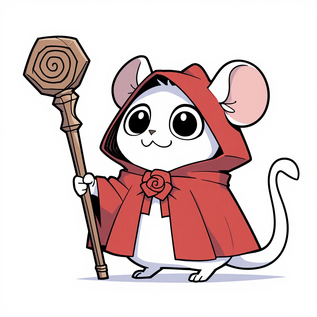 This is a digital drawing of an anthropomorphic white mouse with large black eyes and pink inner ears,  standing upright....