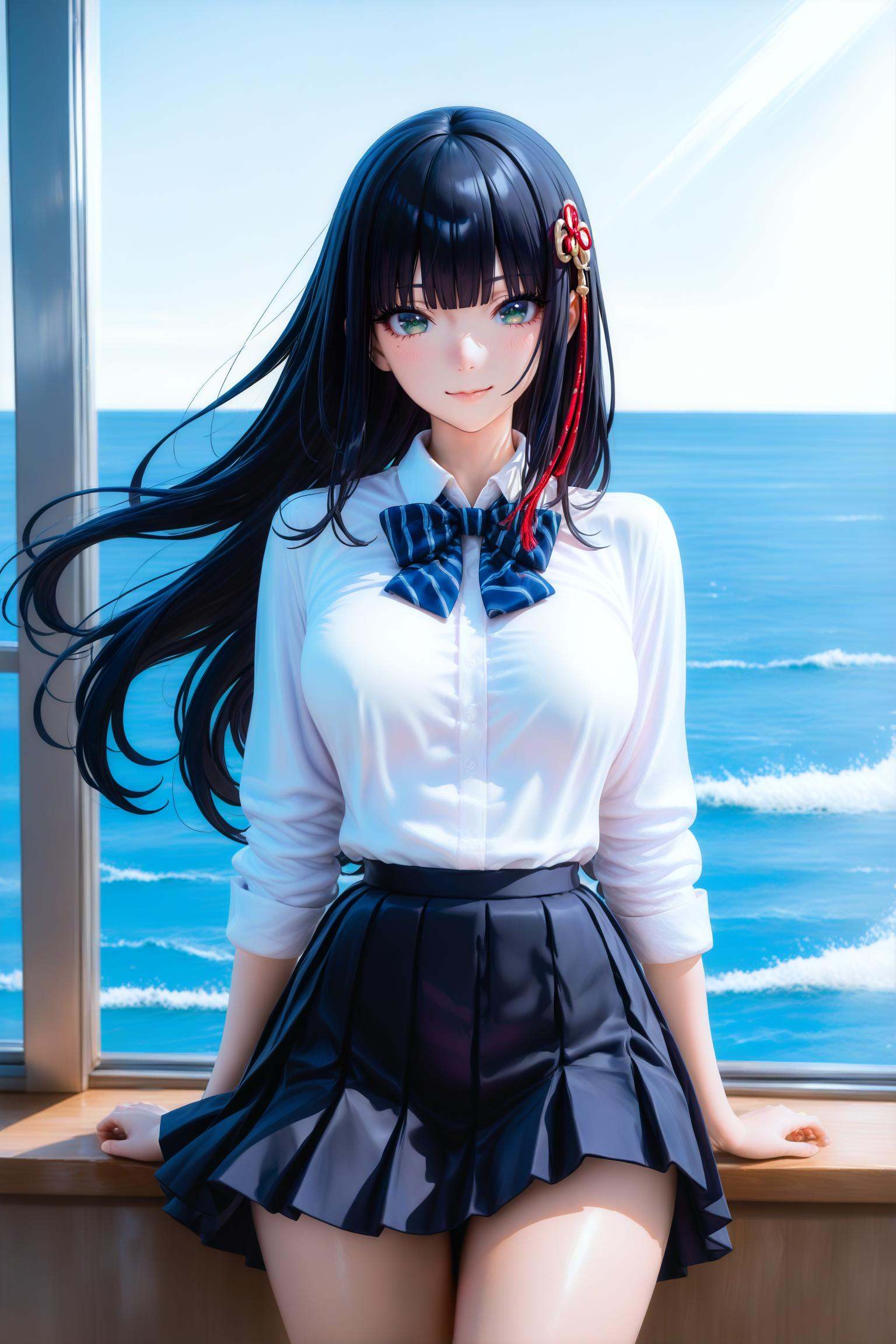 official wallpaper,.,.,.,smile,.,year 2024,newest,<lora:3DPVC-NOOBAI-v2:0.8>,wind,ocean,looking at viewer,tougou hifumi,green eyes,skirt,school uniform,white shirt,solo,black hair,skirt,long hair,blue eyes,pleated skirt,shirt,bowtie,black skirt,white shirt,lips,long sleeves,hair ornament,cowboy shot,striped bowtie,collared shirt,closed mouth,striped bow,indoors,blue bowtie,blunt bangs,smile,thigh gap,teeth,, very awa, masterpiece, best quality, highres, absurdres,
