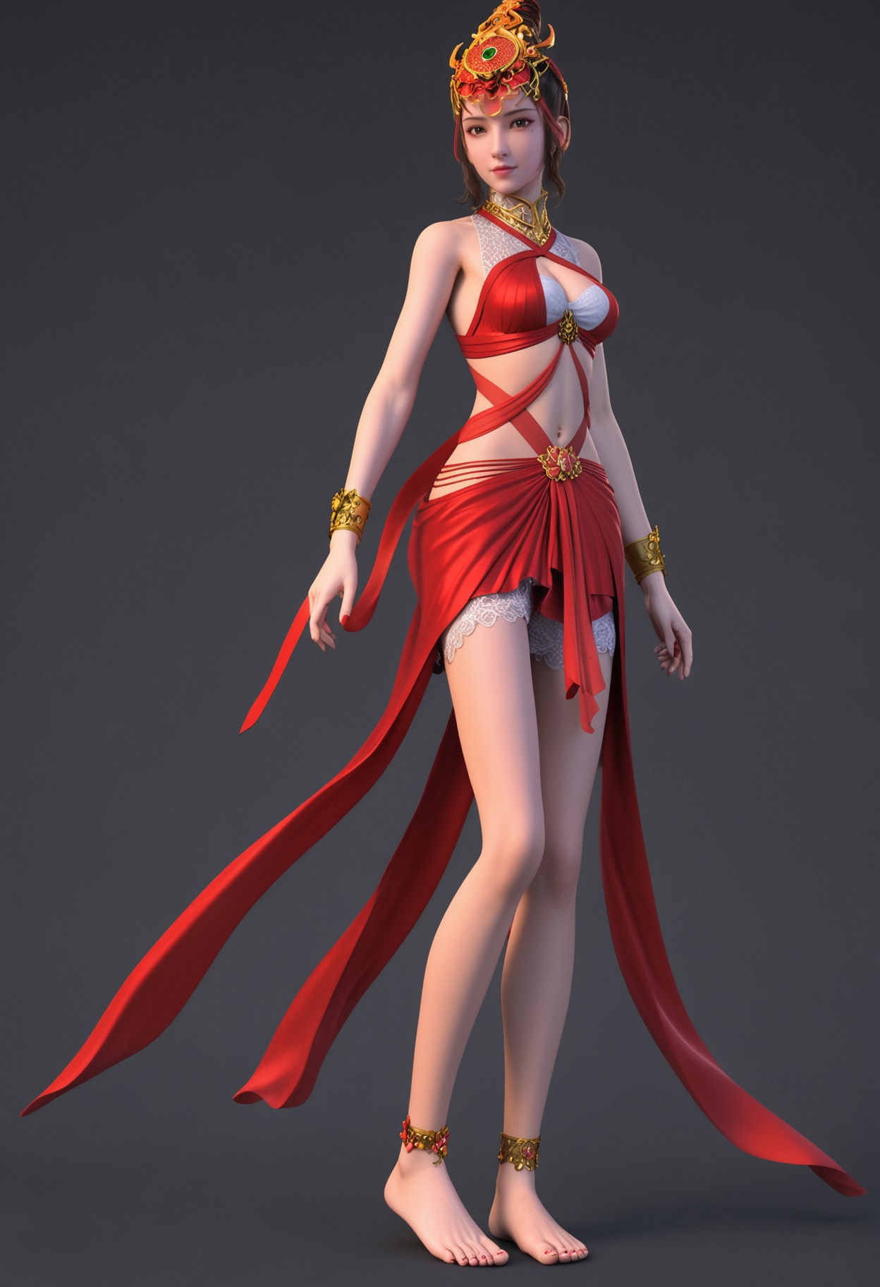 (looking_at_viewer:1.2),Standing,full body,<lora:YQ_pony_tiannvrui_V4:0.8>,1girl,q1528437228,solo,jewelry,hair ornament,black hair,red dress,bracelet,brown hair,brown eyes,mole under eye,barefoot,hair bun,anklet,gem,long hair,short hair,feet,toes,black eyes,necklace,simple background,pure black background,black background,