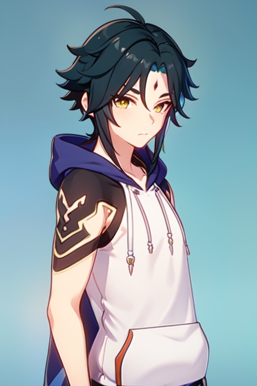 masterpiece,best quality,xiao (genshin impact),1boy,solo,male focus,<lora:xiao-000010:0.7>,simple background,(hoodie:1.4),upper body,