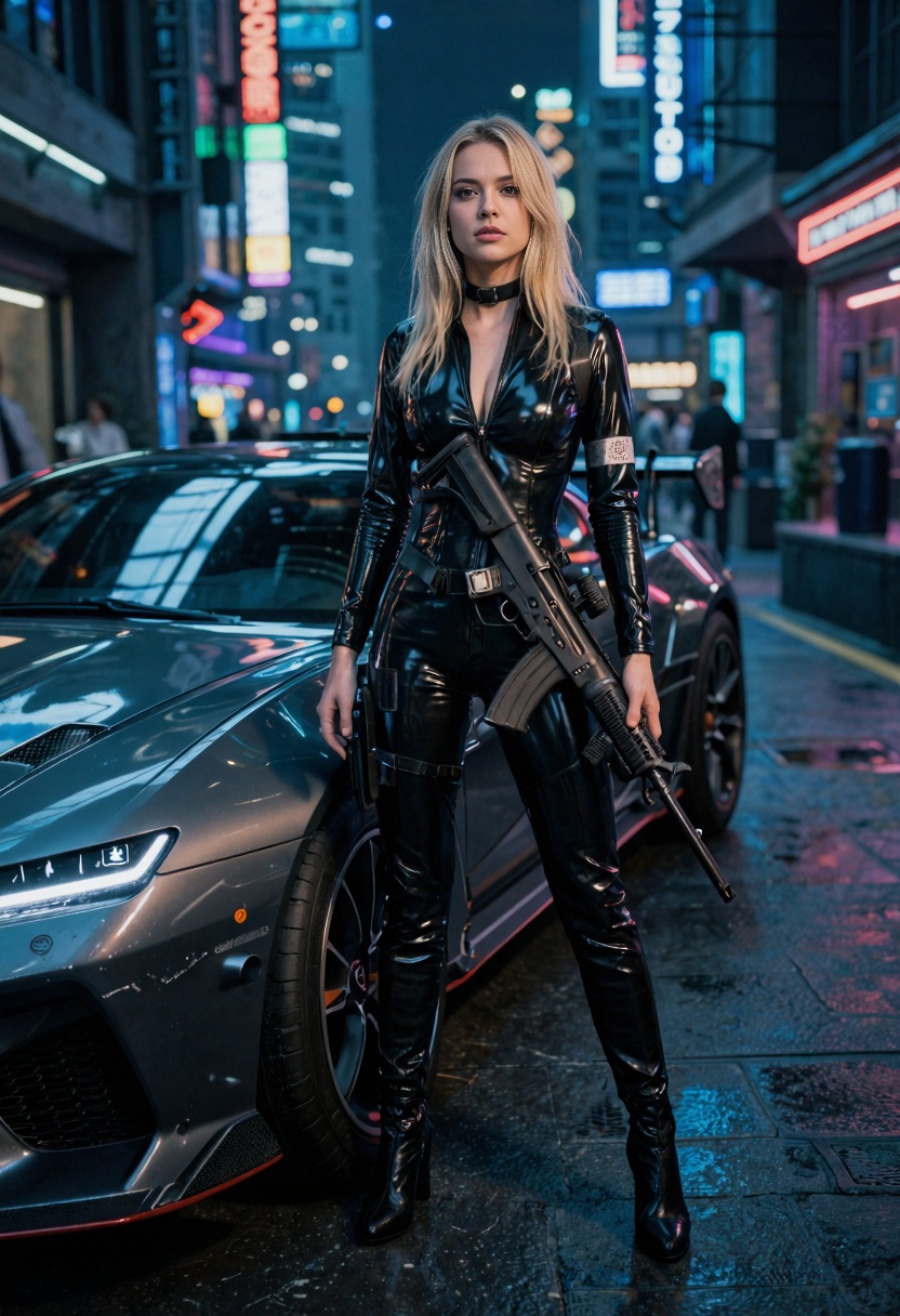 cinematic film still a raw photoa young blonde woman in a latex bodysuit with an assault rifle,  next to a futuristic car,...