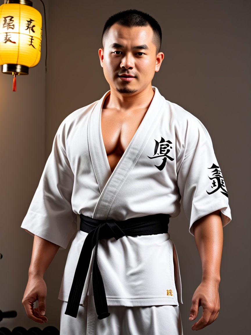 <lora:DYWH2-XL:0.7>,Short - haired middle - aged man in a red and black Chinese - style martial arts robe, the robe open to reveal a muscular chest. He's performing swordplay in an old - fashioned gym, with traditional Chinese elements like calligraphy scrolls and a gong in the background. The man is sweating, his face showing determination. The lighting is a mix of warm yellow lantern light and cool white fluorescent light, creating a contrast. Realistic, detailed style, Photorealistic, Hyperrealistic, Hyperdetailed, analog style, soft lighting, subsurface scattering, realistic, heavy shadow, masterpiece, best quality, ultra realistic, 8k, golden ratio, Intricate, High Detail, film photography, soft focus