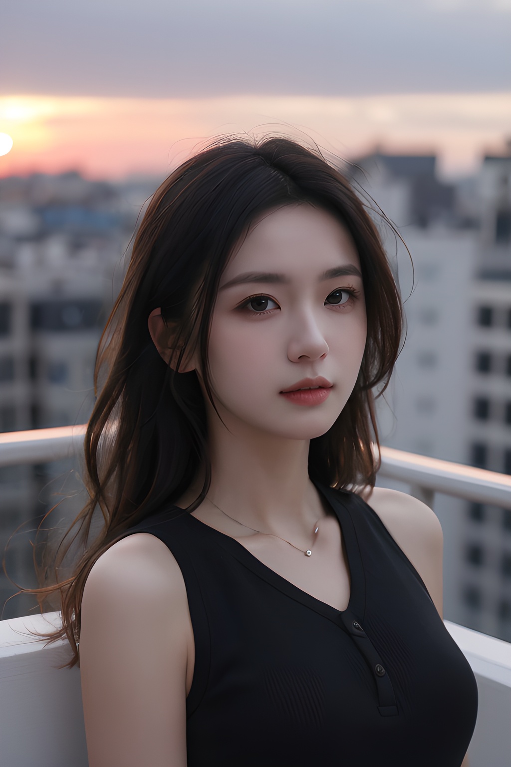 <lora:0809_01:0.7>,Frontal photography,Look front,evening,dark clouds,the setting sun,On the city rooftop,A 20 year old female,Black top,Black Leggings,black hair,long hair,dark theme,muted tones,pastel colors,high contrast,(natural skin texture, A dim light, high clarity) ((sky background))((Facial highlights)),, 1girl,realistic,masterpiece, best quality, photorealistic, HDR,detail