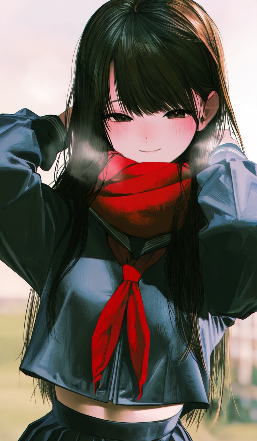 <lora:HonnryouHanaru-Style>,highres,absurdres,newest,very awa,masterpiece,best quality,year 2024,(upper body:1.6),1girl, solo, red scarf, long hair, scarf, skirt, school uniform, serafuku, black eyes, black hair, blush, looking at viewer, neckerchief, smile, black skirt, pleated skirt, long sleeves, red neckerchief, closed mouth, midriff peek, shirt, black serafuku, breath, sleeves past wrists, black shirt