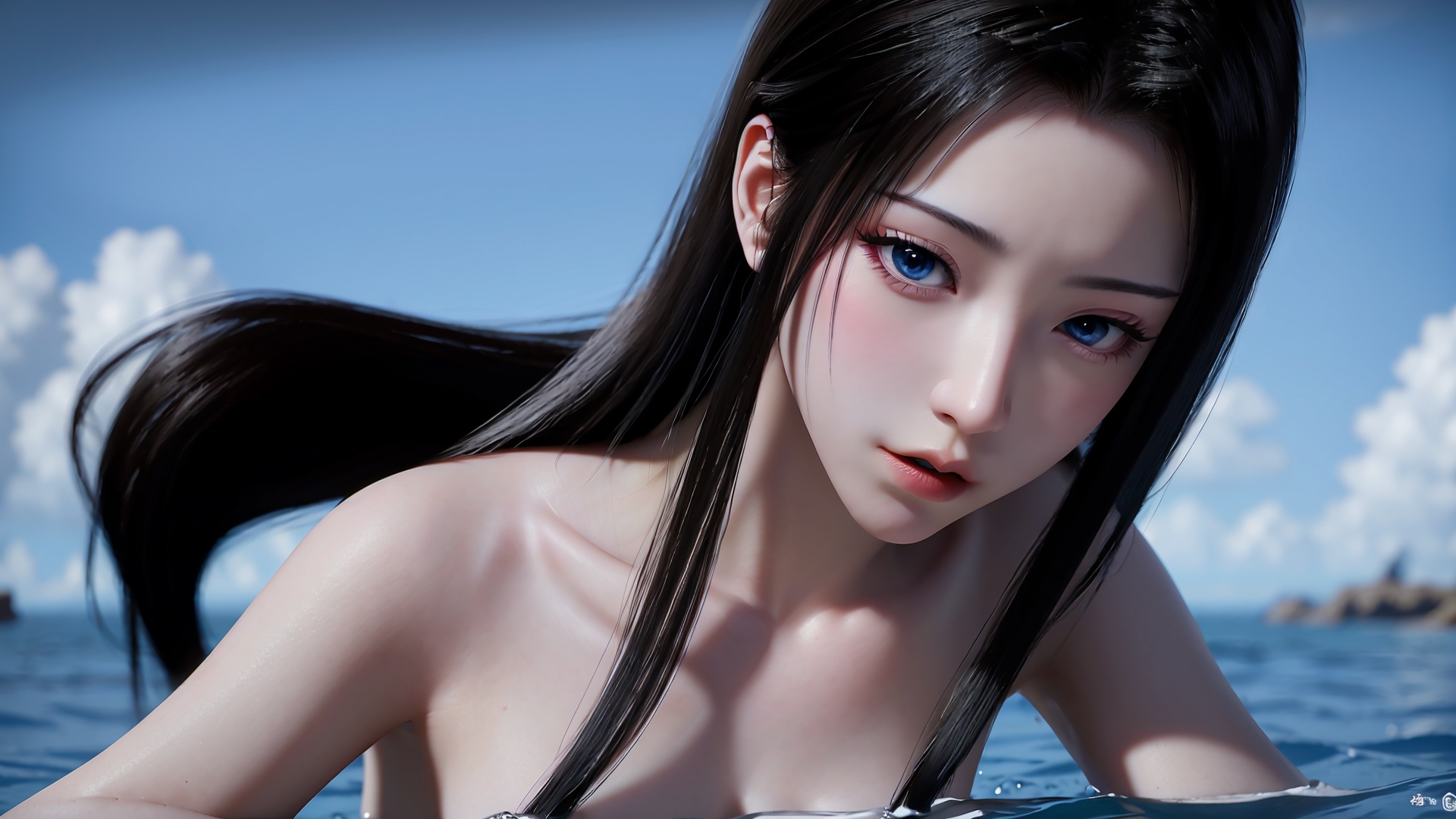 1girl,long hair,black hair,solo,blue eyes,water,artist name,closed mouth,lips,collarbone,nude,<lora:girl solo yuanyao_20240908025103:0.6>,incredibly absurdres,wallpaper,<lora:Gloss_Tweaker_V2:0.6>,<lora:粉色妆容强度调节滤镜:0.7>,
