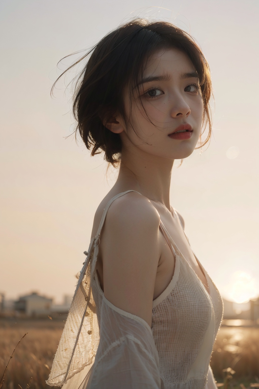 <lora:MengX girl_Mix_V40:0.9>, Best quality,masterpiece,ultra high res,photorealistic,raw photo,unity 8k wallpaper, panorama, cinematic lighting, on grass, sunset, dappled sunlight, golden hour lighting, backlighting, blurry background, (lens flare), wind, pastel colors, soft light, 1girl,floating short hair, sad,upper body,
