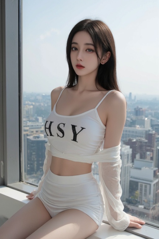 ·girl,"(8k resolution:1.2),Ultra High Definition (UHD),(realistic human effect:1.2, lifelike realism:1.2),(sexy girl:1.2),(fair and smooth skin:1.2),delicate,(white spaghetti strap top:1.3),sheer shawl over the shoulders,lower garment white wrapped hip skirt,expression melancholic,high-rise building,skylight,standing by the window,facing away from the skylight,looking directly at the camera,(entirely damp and semi-transparent:1.2),(sad and gentle gaze:1.2),(sexy yet tender posture:1.2),beautiful hair,(cinematic white lighting effect:1.2),(clothing with the letters 'HSY' printed on it:1.3),(the text not too conspicuous, just visible enough to be recognized:1.3).",