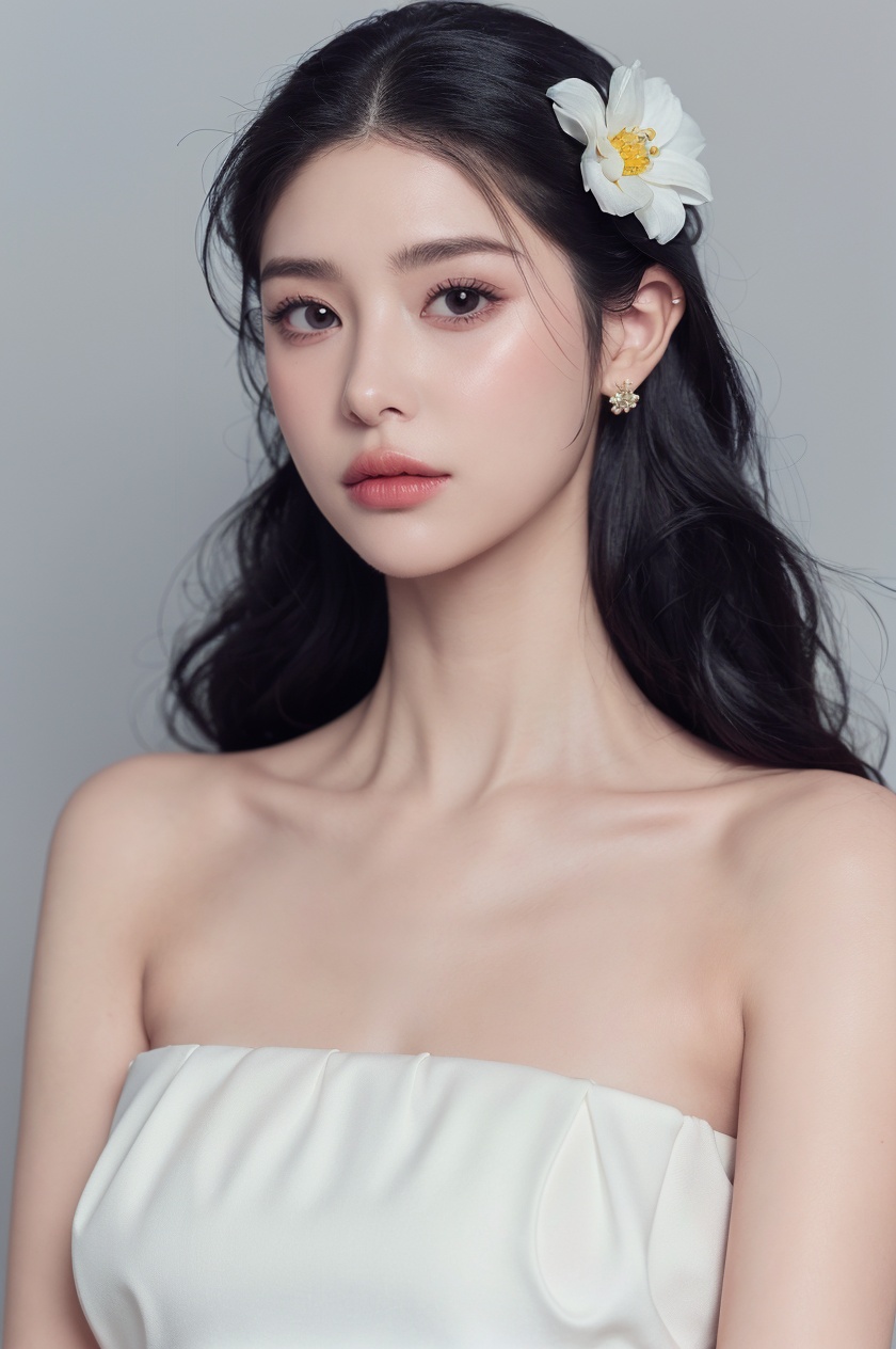 1girl, solo,(front view:1.2),(looking_at_viewer:1.4),(eye-contact:1.4),,black hair, long hair, jewelry, realistic, earrings, hair ornament, black eyes, lips, collarbone, parted lips, flower, watermark, upper body, portrait, hair flower, dress, web address,  <lora:YG红颜阁美女3:0.8>,