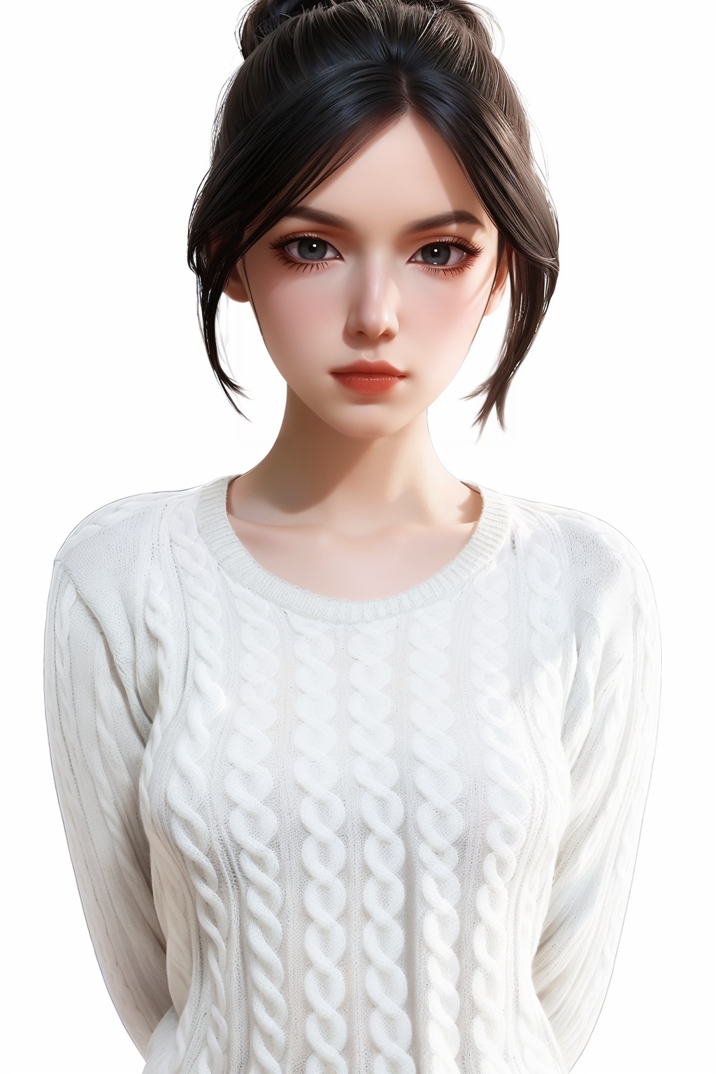 ((upper body)),1girl,solo,closed mouth,single hair bun,hair ornament,(white sweater:1.5),arms behind back,(looking at viewer),((white background:1.3)),Highly detailed,(best quality:1.5,masterpiece:1.5),<lora:zhouyi-000010:0.75>,zhouyi,