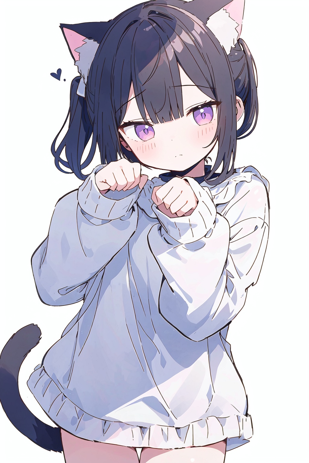 1girl,side ponytail,bottomless,long sleeves,sleeves past wrists,cat pose,simple background,