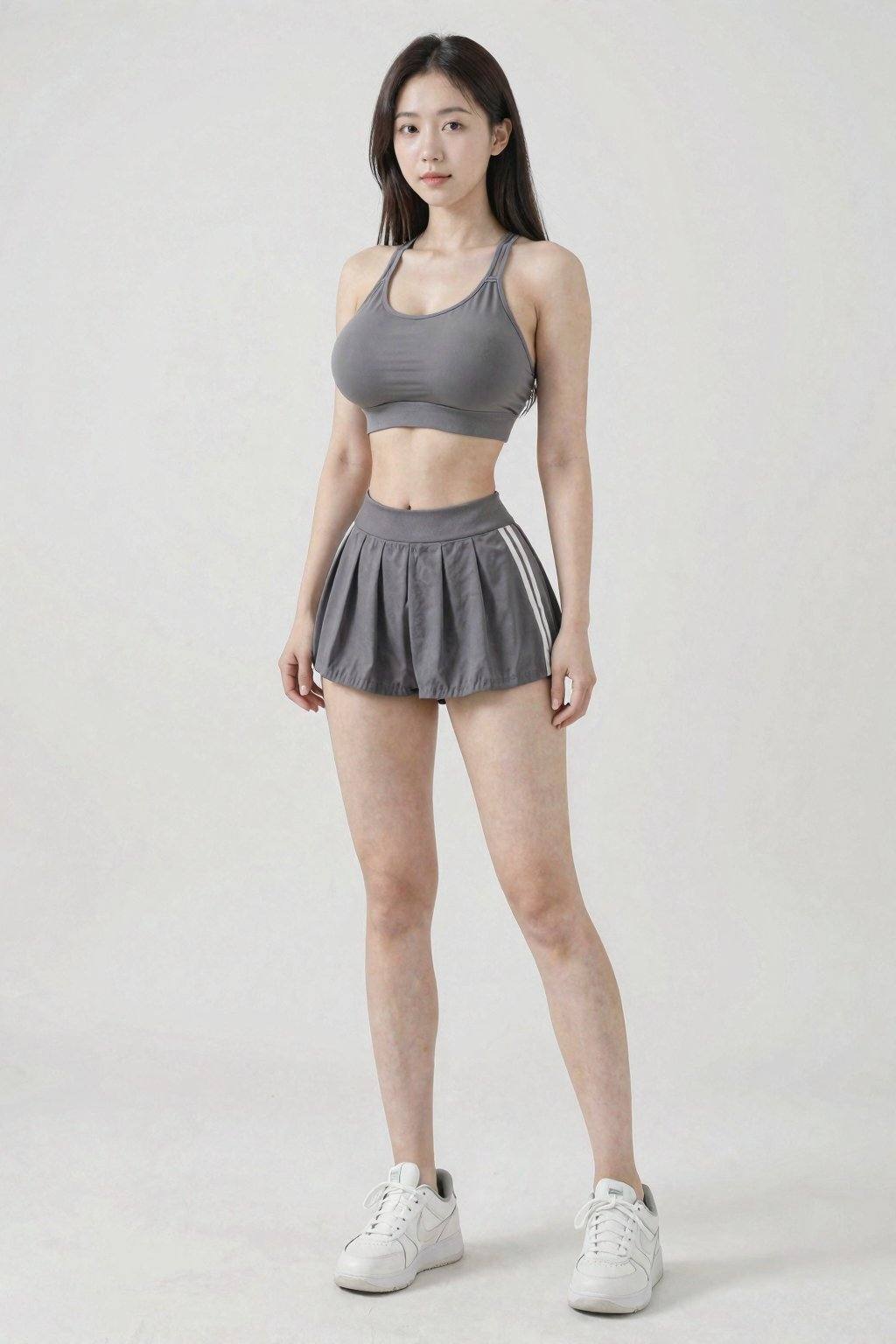 创建一张年轻女性站在极简主义风格的摄影棚内，背景为白色。她留着一头乌黑的长直发，身穿灰色紧身运动文胸和灰色超短百褶裙，裤子侧边饰有一条时尚的白色条纹。她的姿势动感而放松，展现出健美的体态。她脚上的白色运动鞋简洁时尚，与整体运动造型相得益彰。整幅画面应强调运动感和时尚感，柔和的光线营造出轻柔的阴影，凸显她的身材曲线。